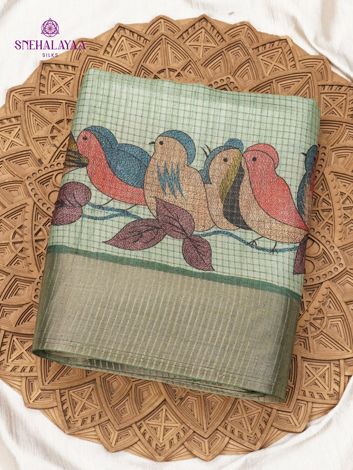 Pastel Green Floral Printed Tussar Saree