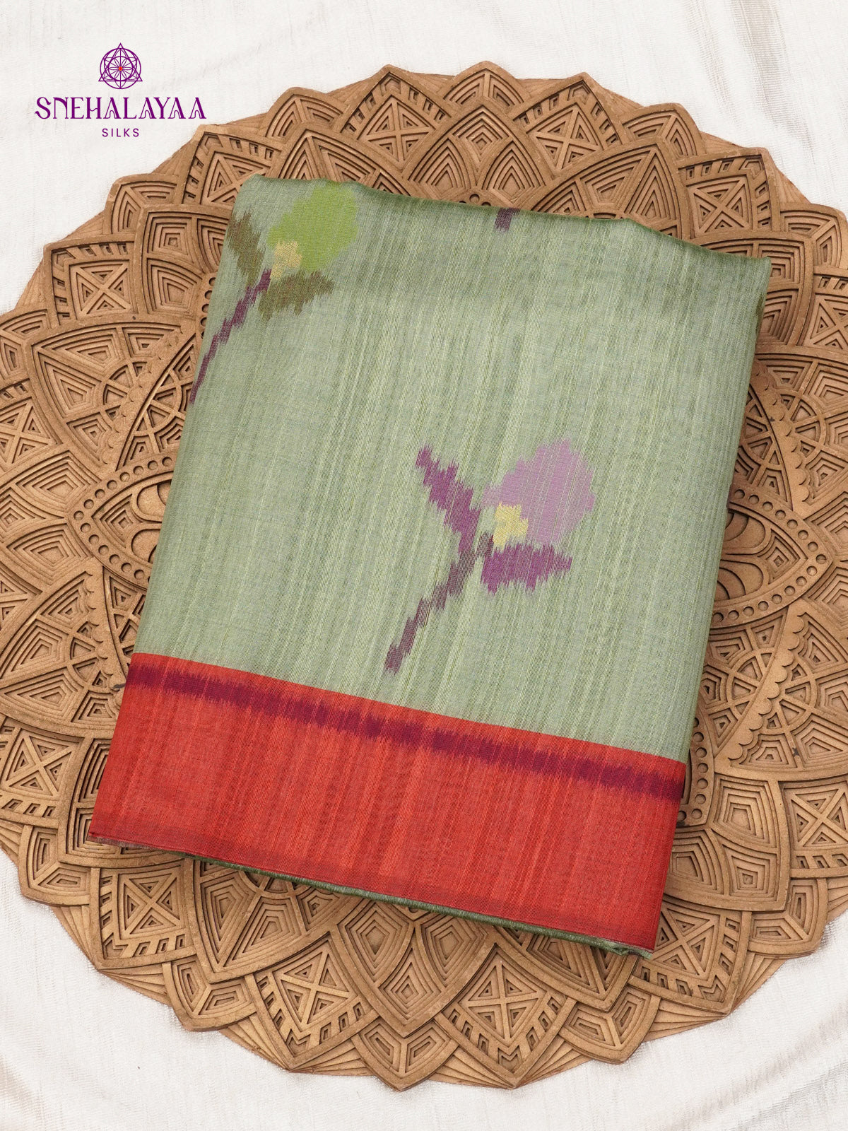 Pastel Green Floral Printed Tussar Saree