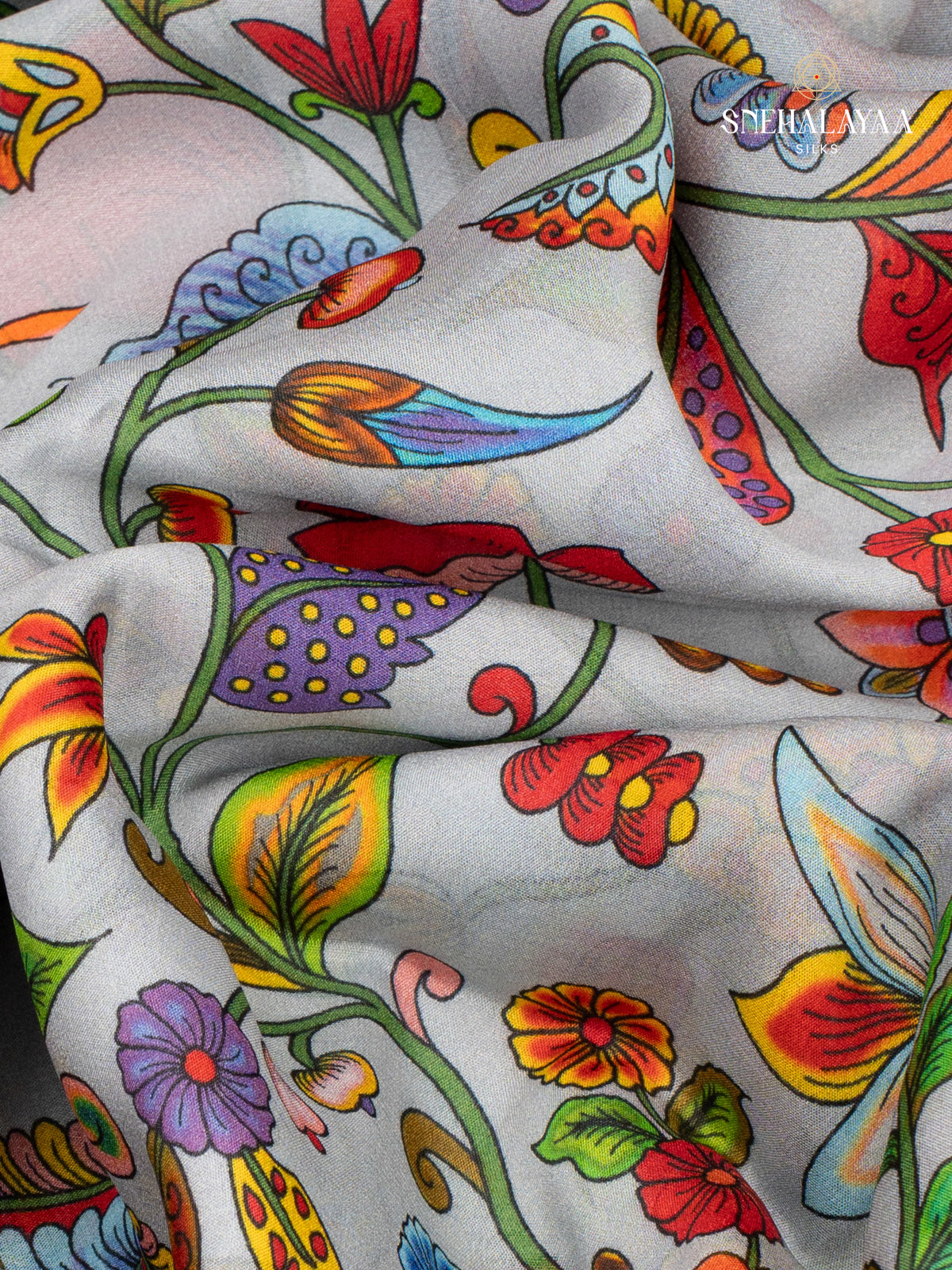 Pale Blue Printed Mysore Silk Saree