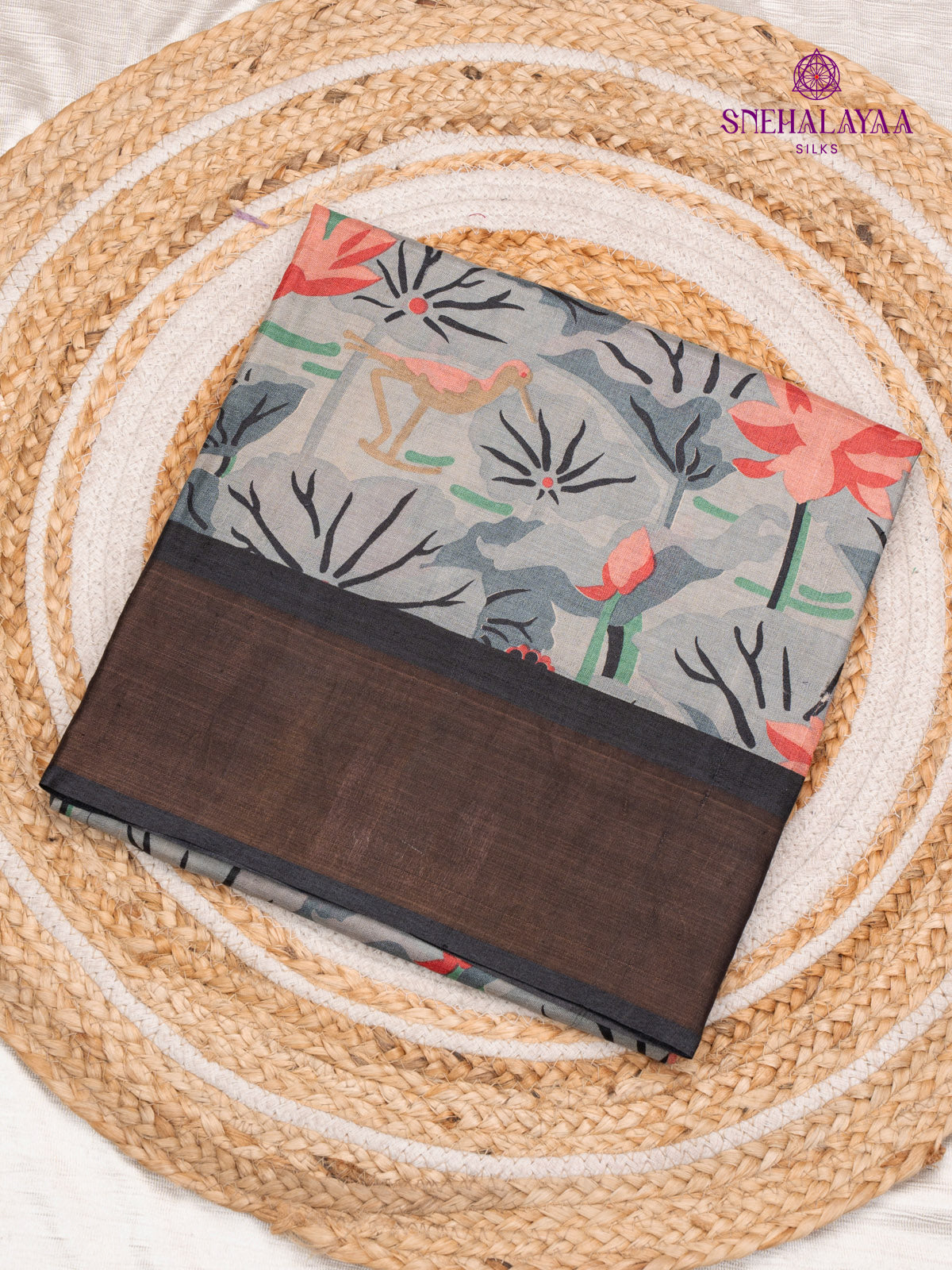 Pastel Blue Printed Tussar Saree