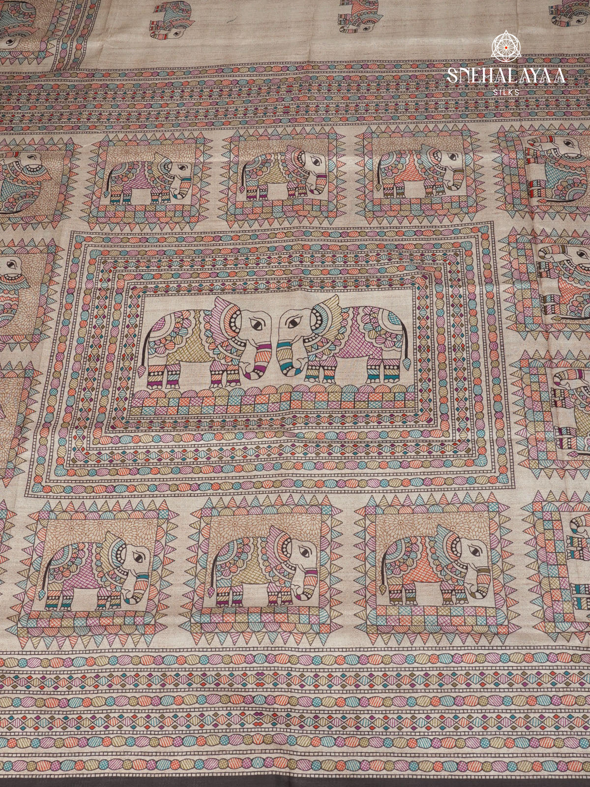 Beige With Black Border Madhubani Saree