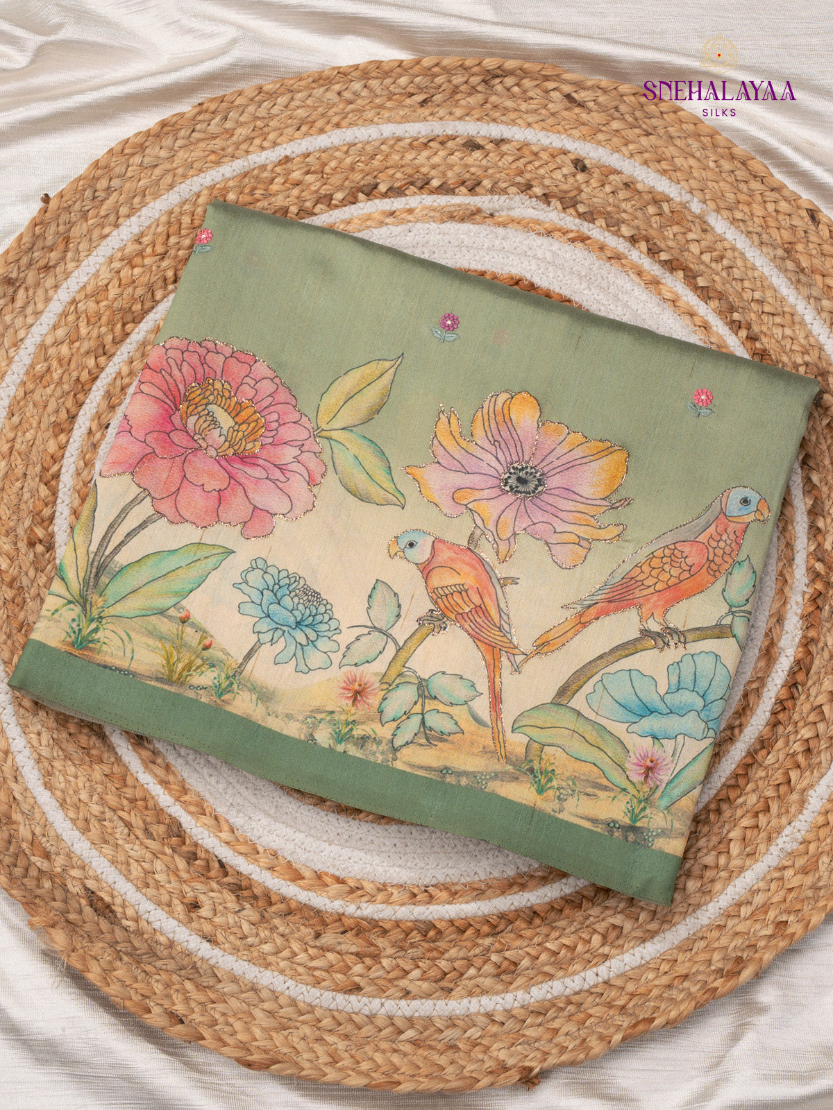 Green Raw Silk Embroidery Saree