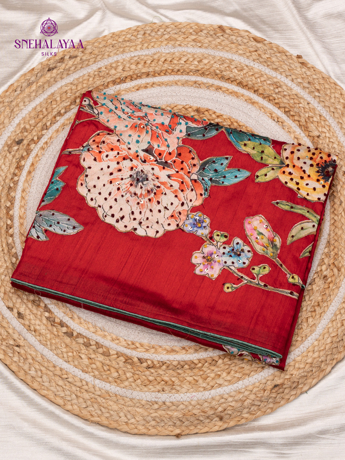 Red Raw Silk Embroidery Saree