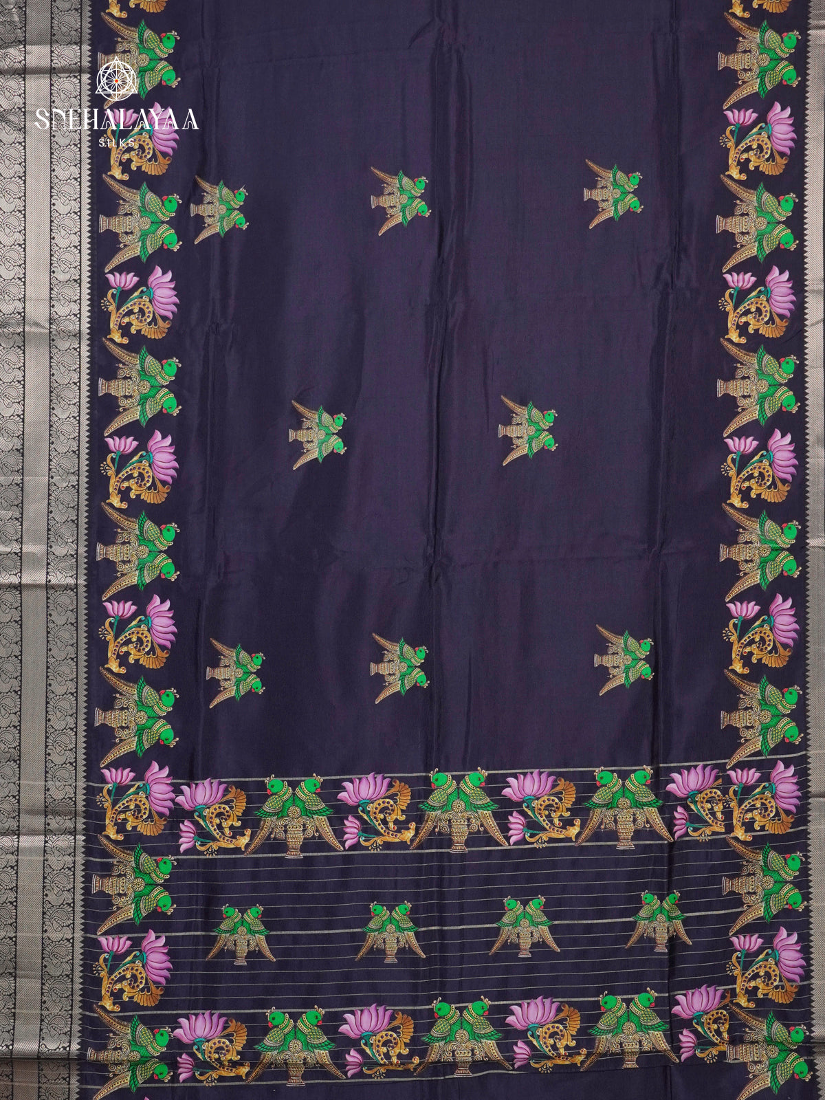 Navy Blue Mangalagiri Silk Cotton Saree with Tanjore Art Print