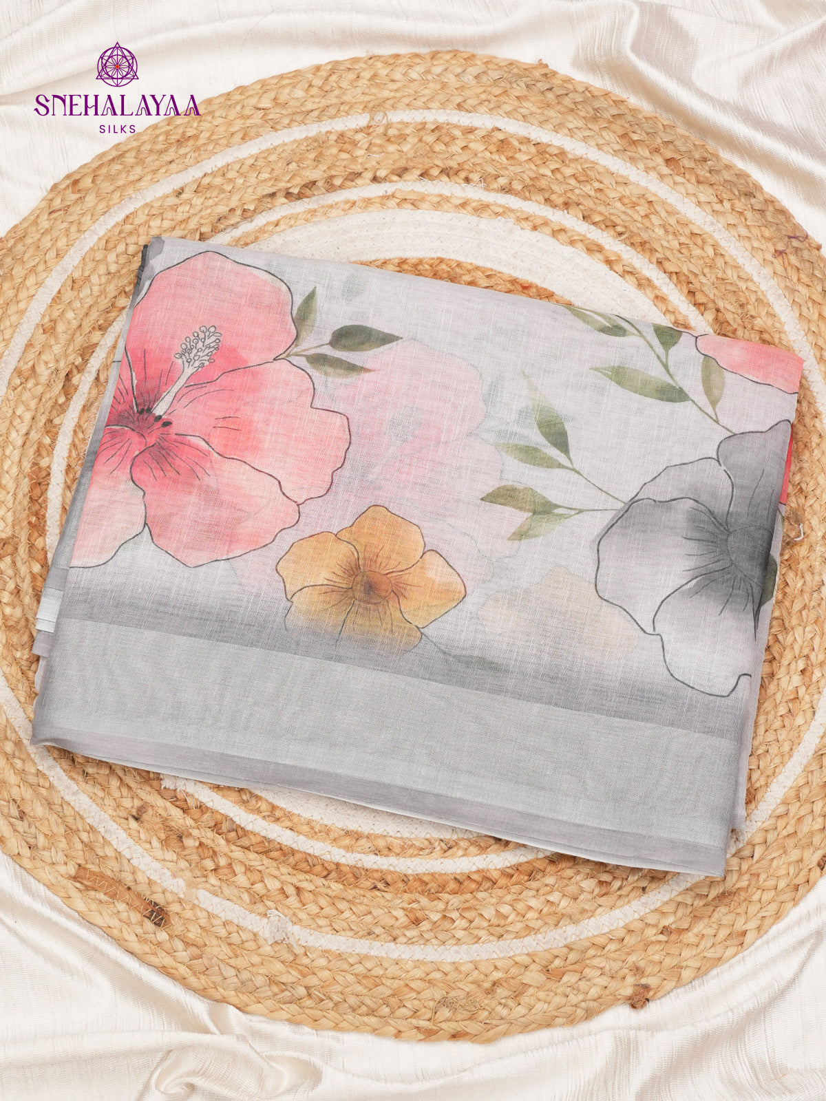 Pastel Grey Printed Linen Saree