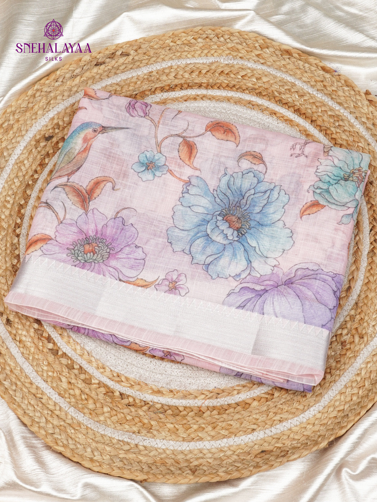 Pastel Pink Printed Linen Saree