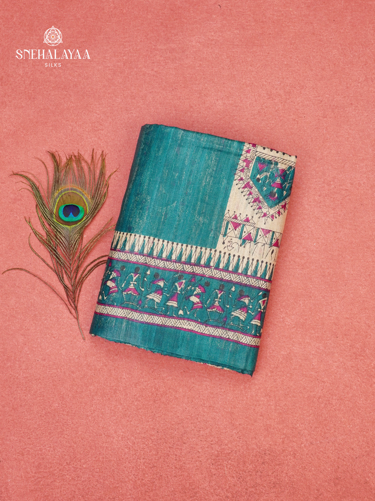 Teal Green Madhubani Printed Saree