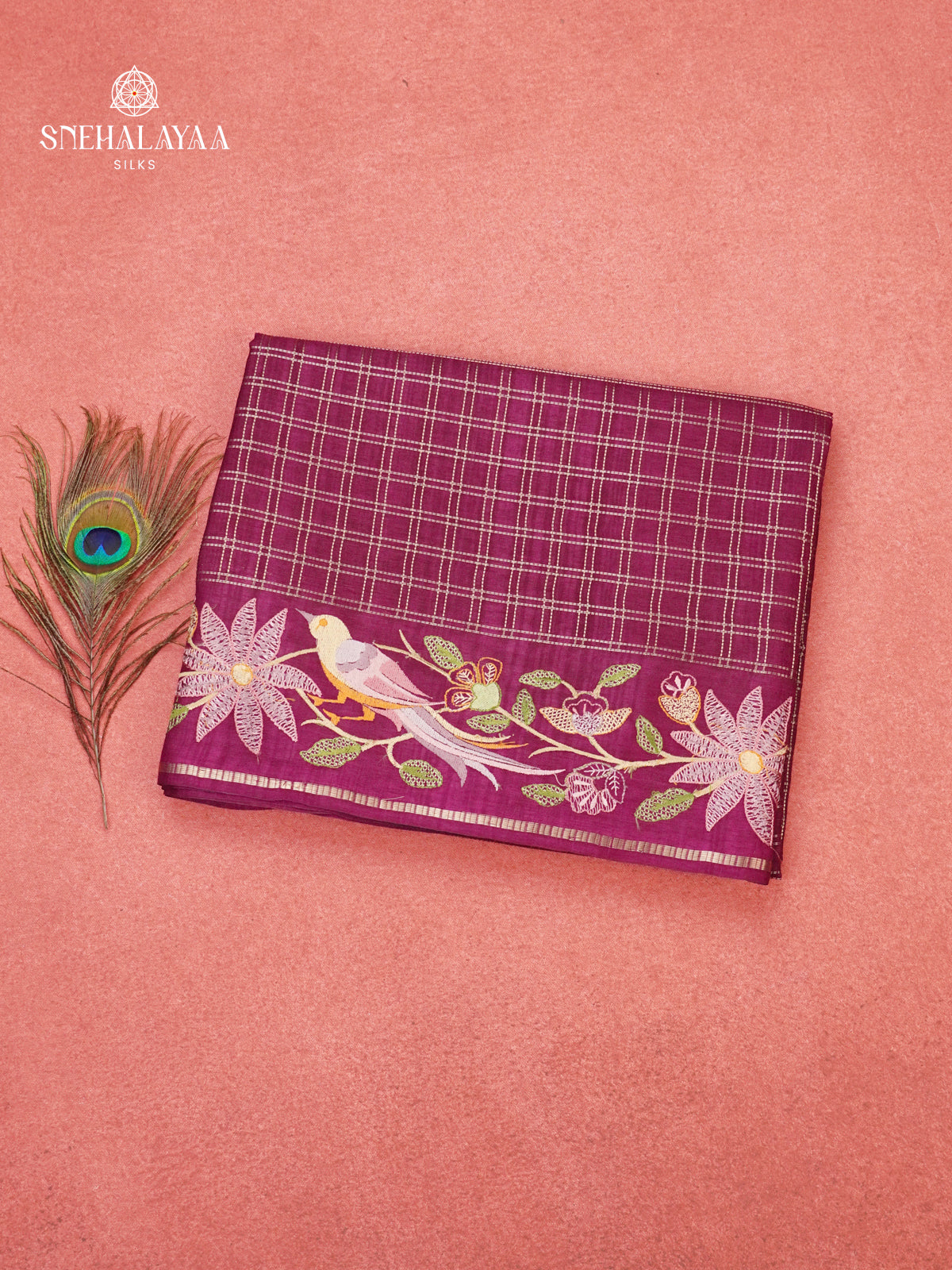 Burgundy Munga Tussar Embroidery Saree