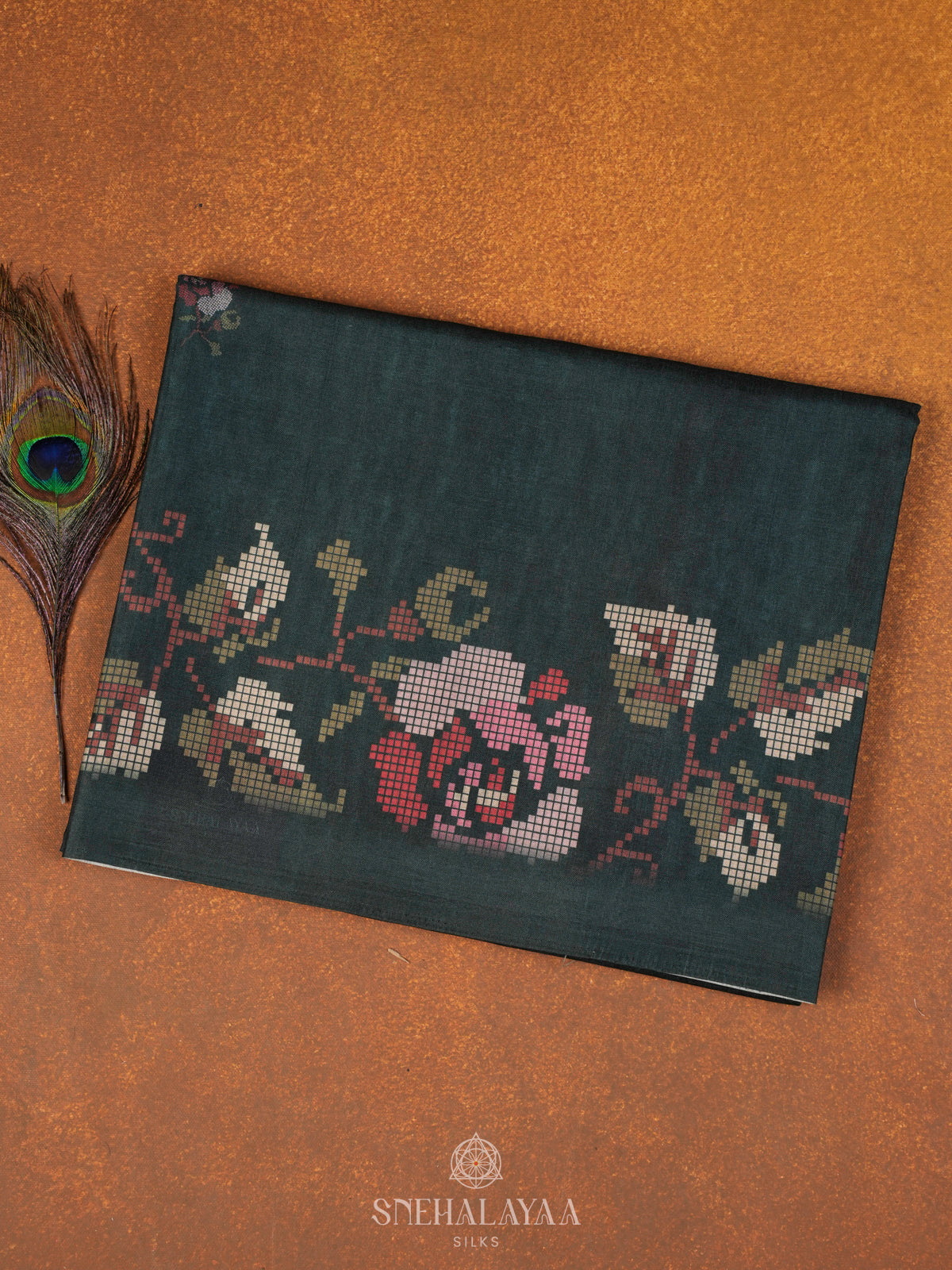 Green Floral Printed Tussar Saree