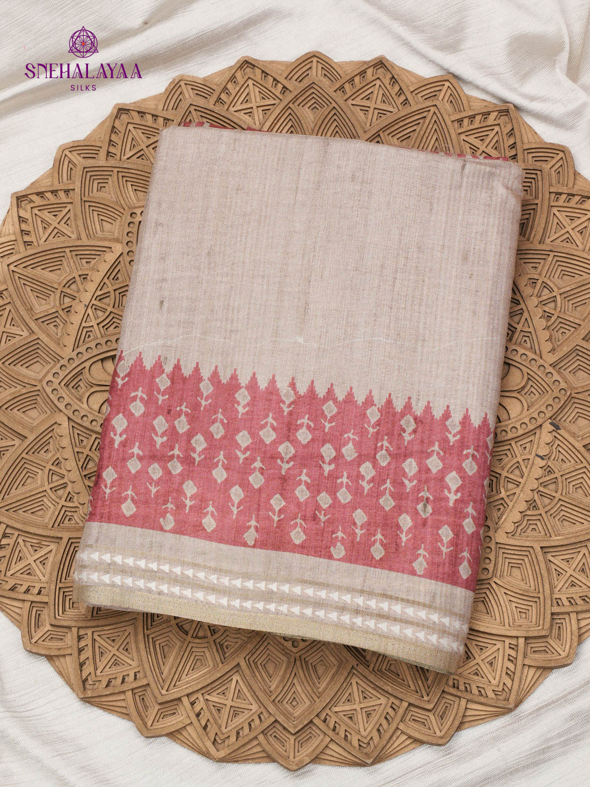 Beige Printed Tussar Saree