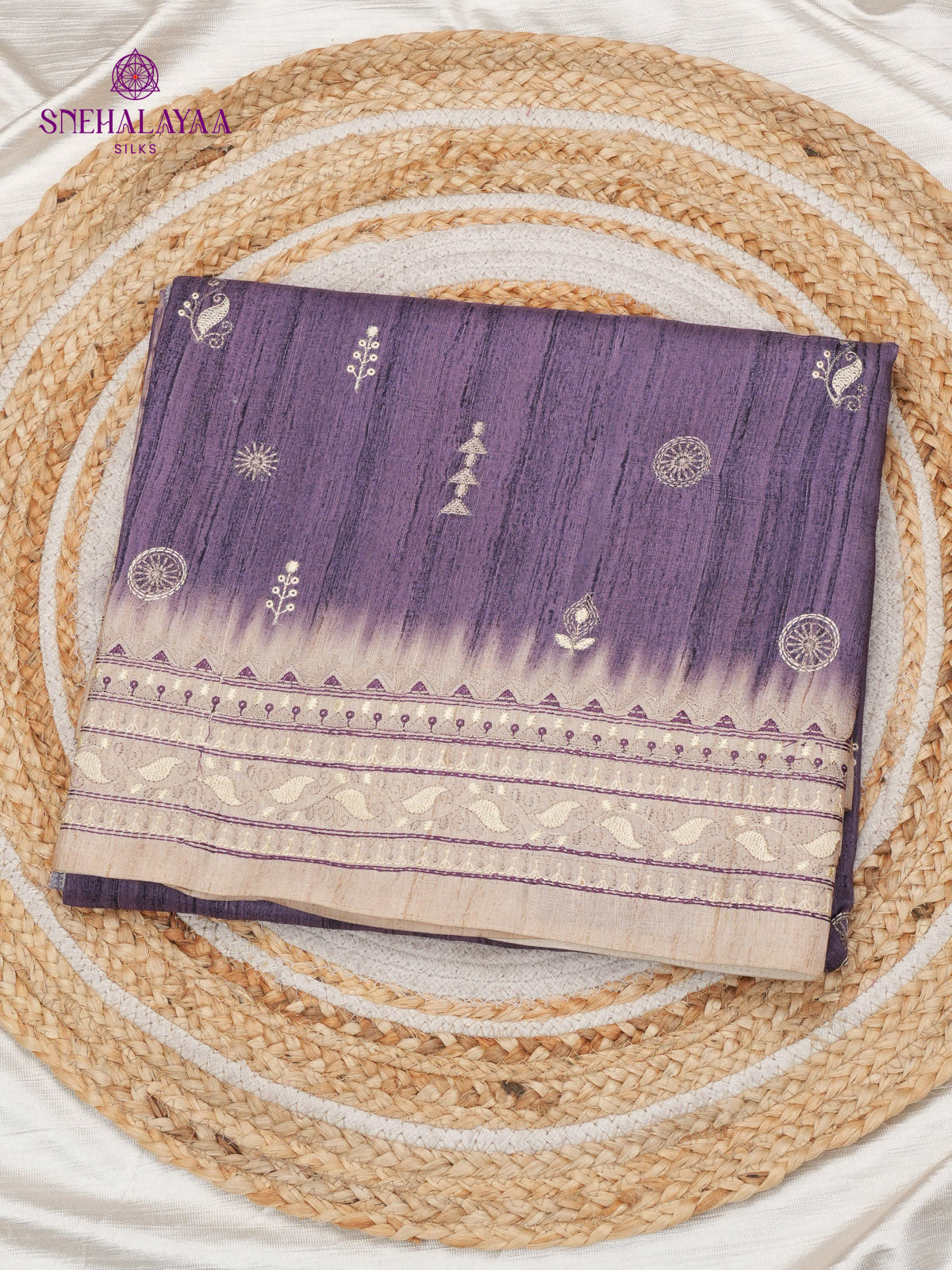 Pastel Purple Tussar Embroidery Saree