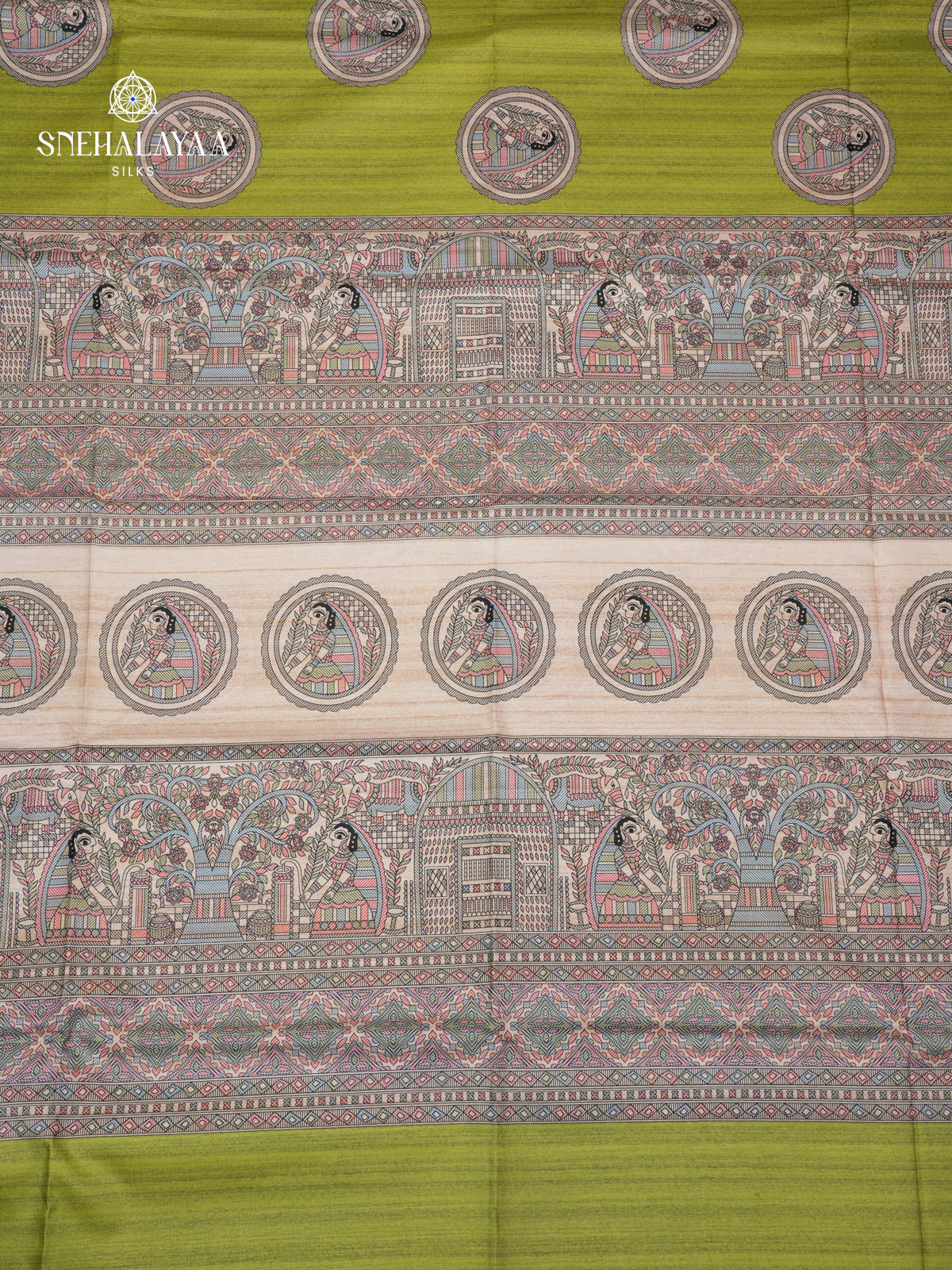 Pistachio Green Madhubani Printed Saree