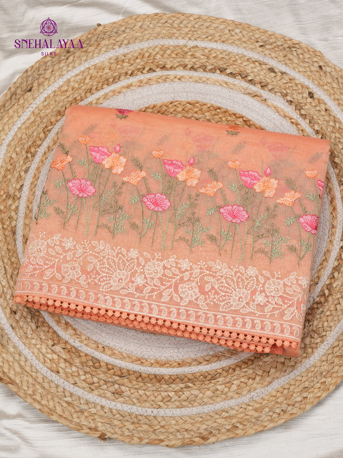 Peach Kota Embroidery Saree