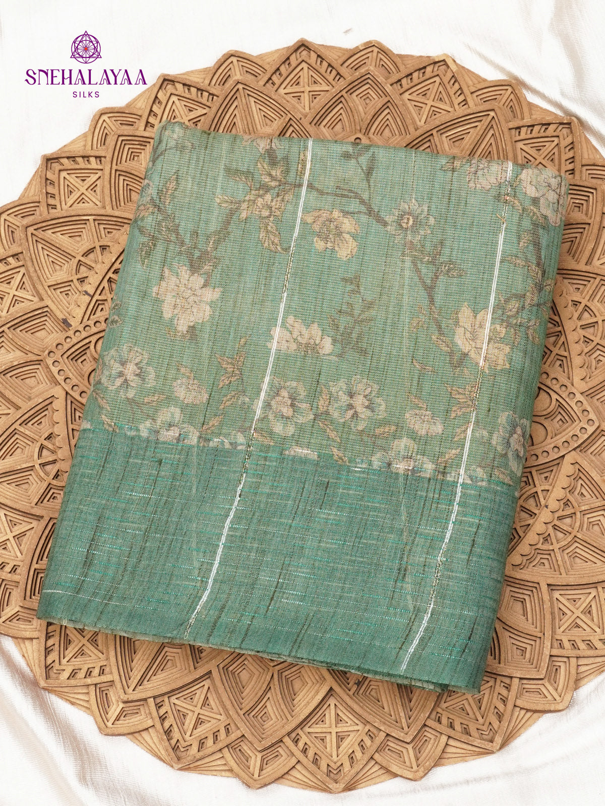 Teal Green Floral Printed Tussar Saree