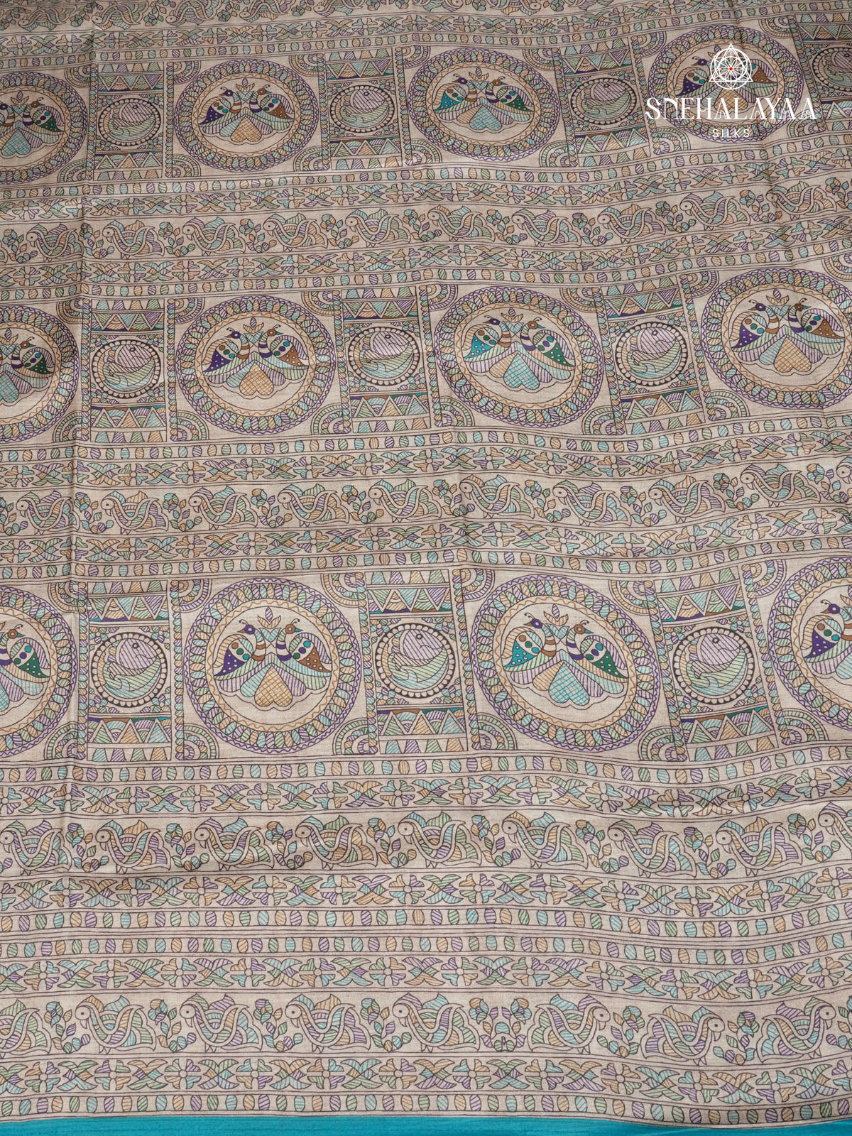 Beige With Blue Border Madhubani Saree