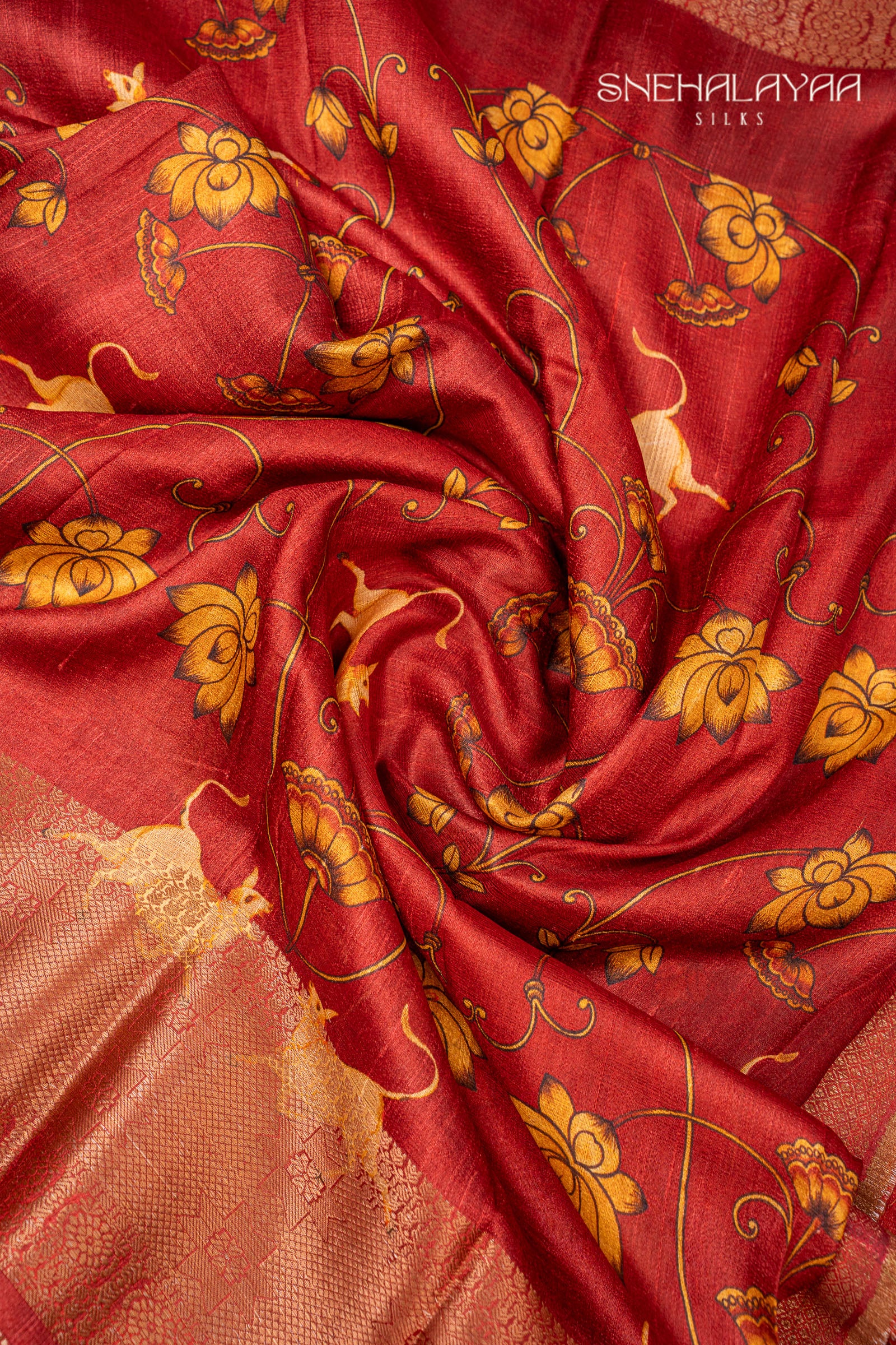 Crimson Red Printed Jute Tussar Saree