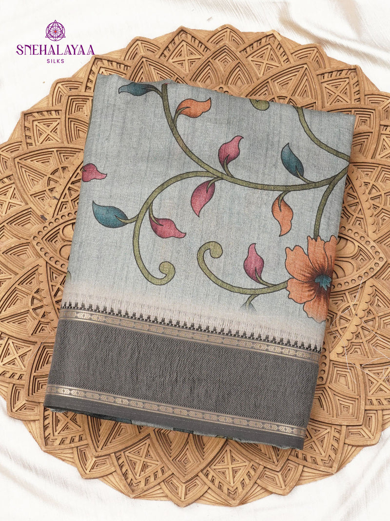 Grey Floral Printed Tussar Saree