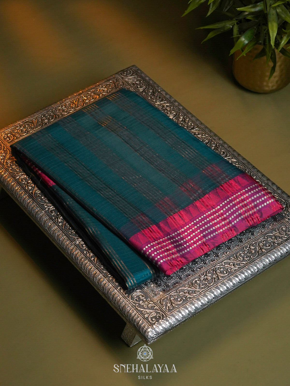 Peacock Blue Banaras Kora Silk Saree