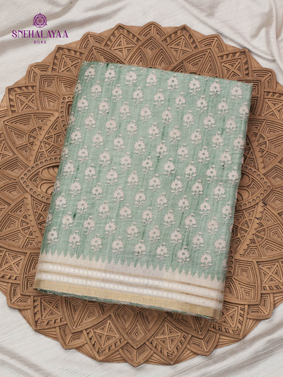 Pale Green Floral Printed Tussar Saree