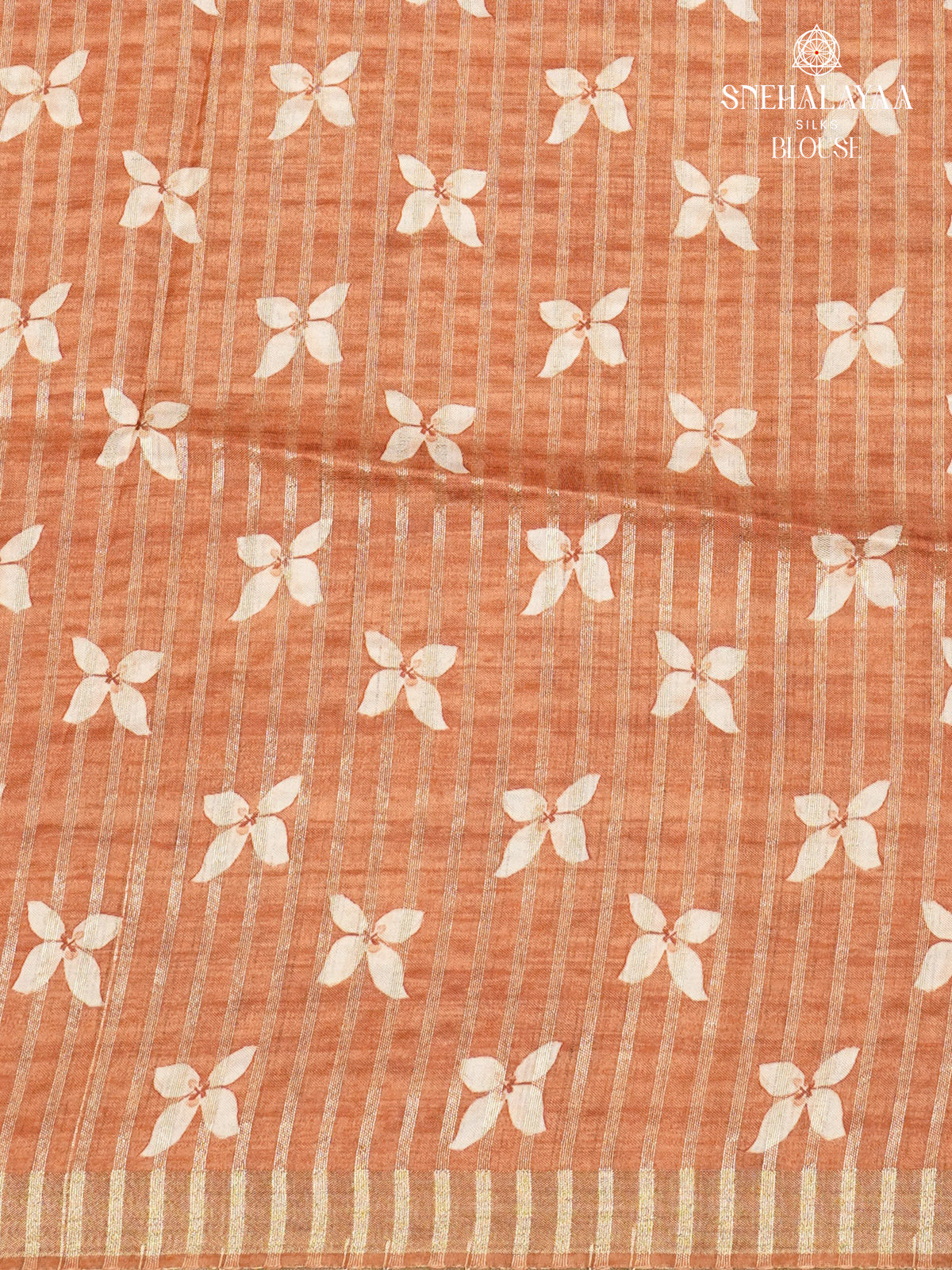 Orange Floral Printed Tussar Saree