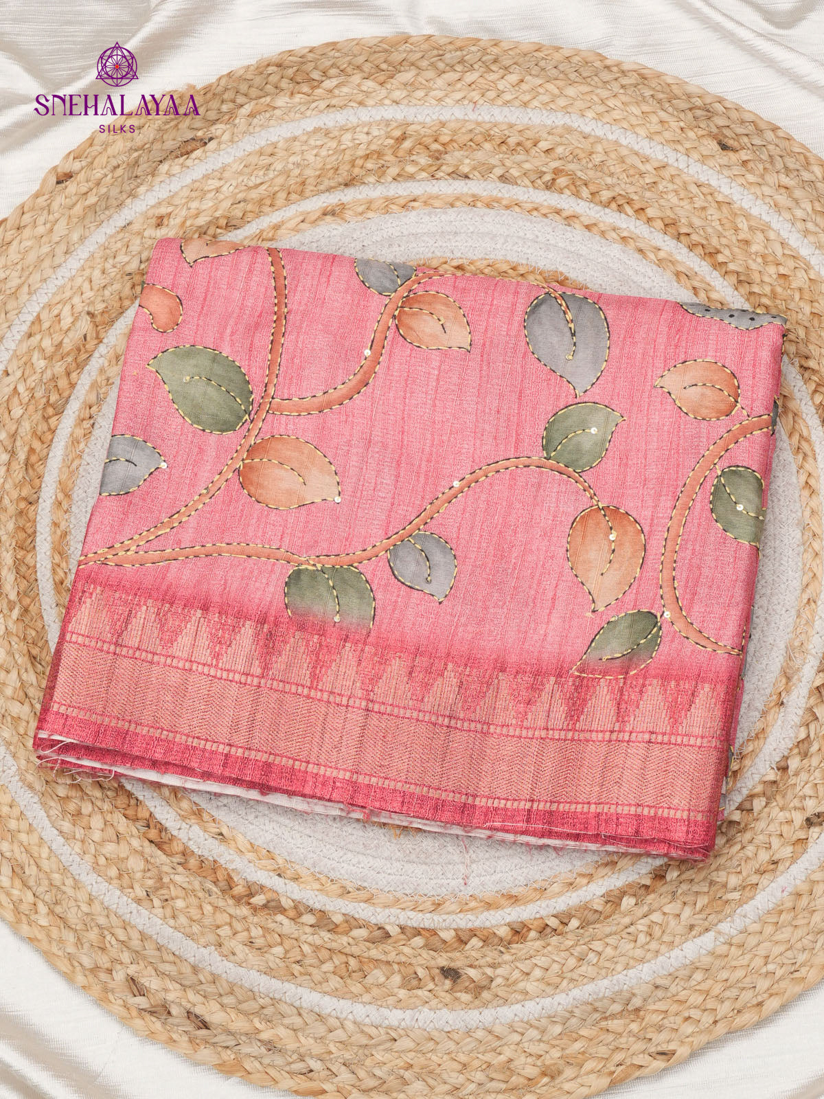 Pink Tussar Embroidery Saree