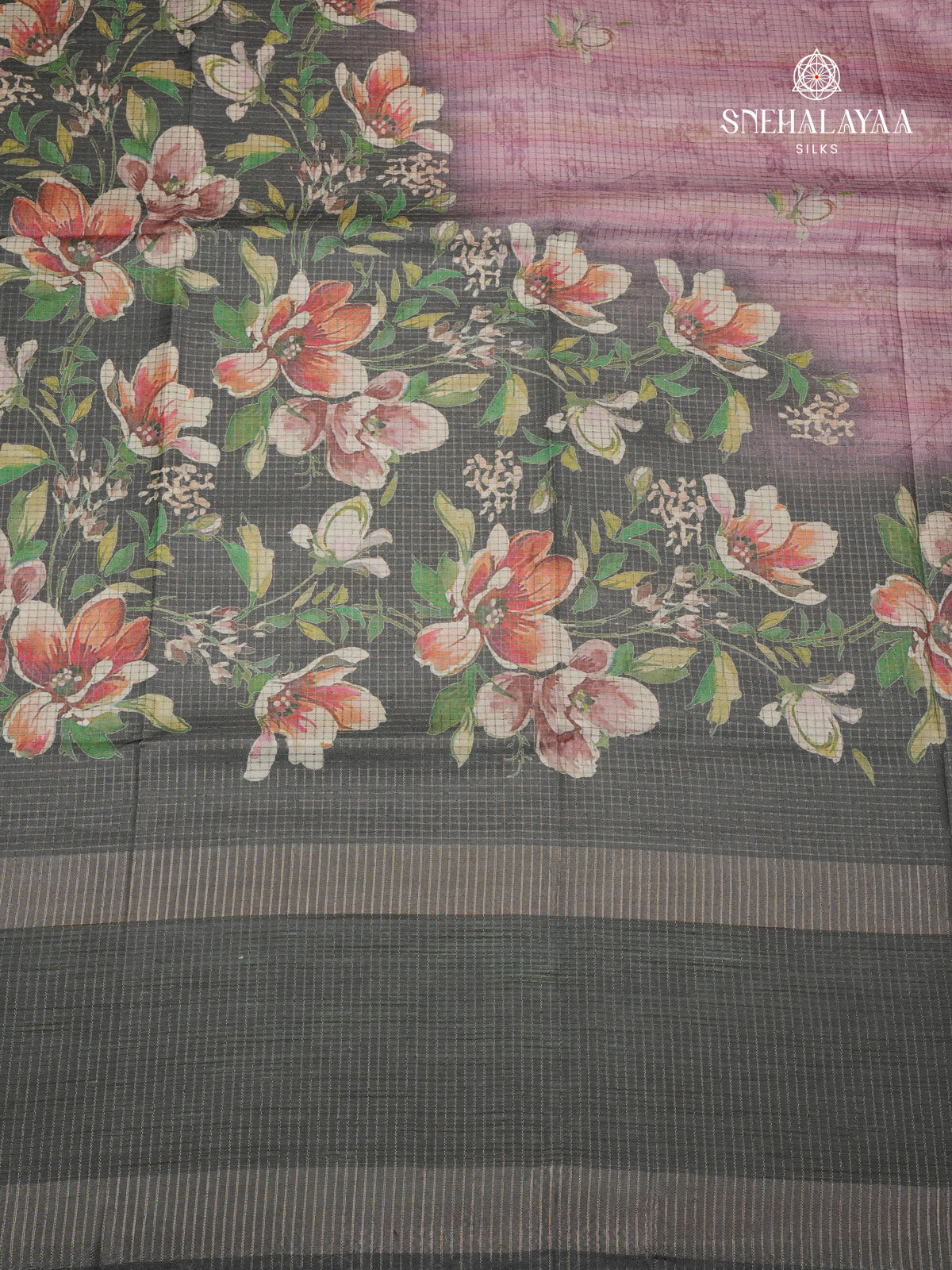 Magenta With Black Border Floral Printed Tussar Saree