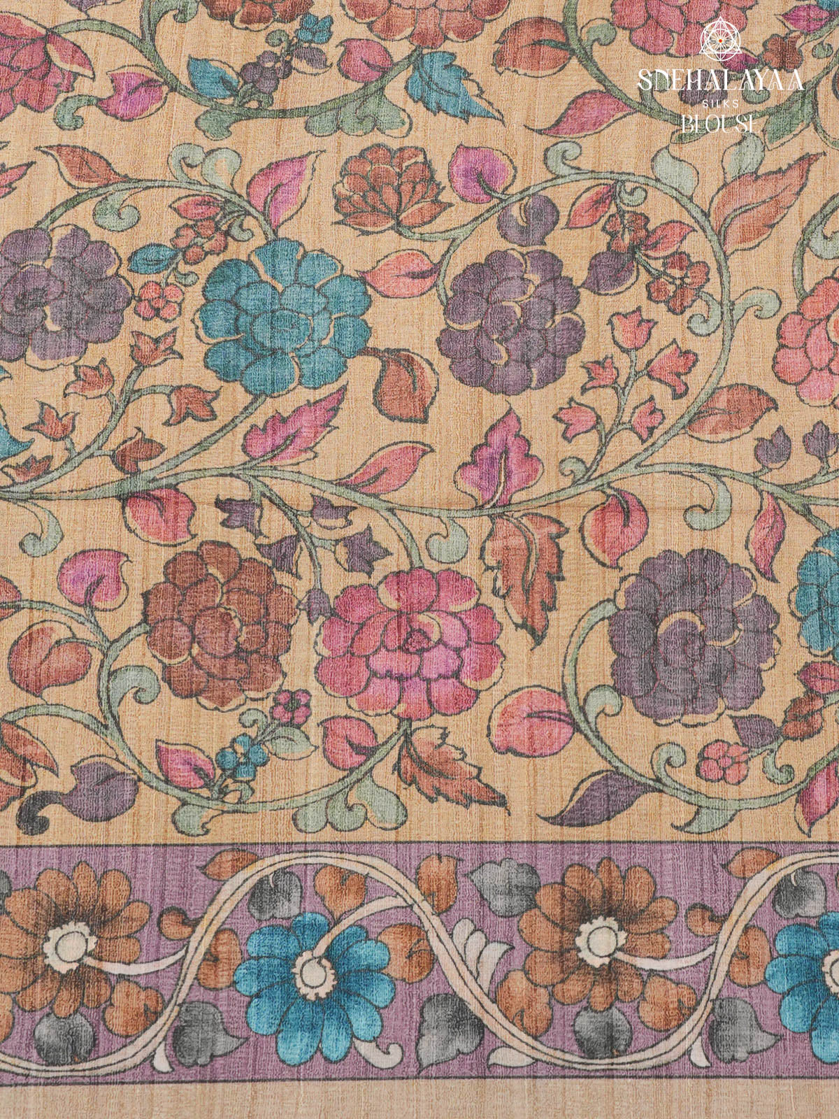 Teal Blue Floral Printed Tussar Saree