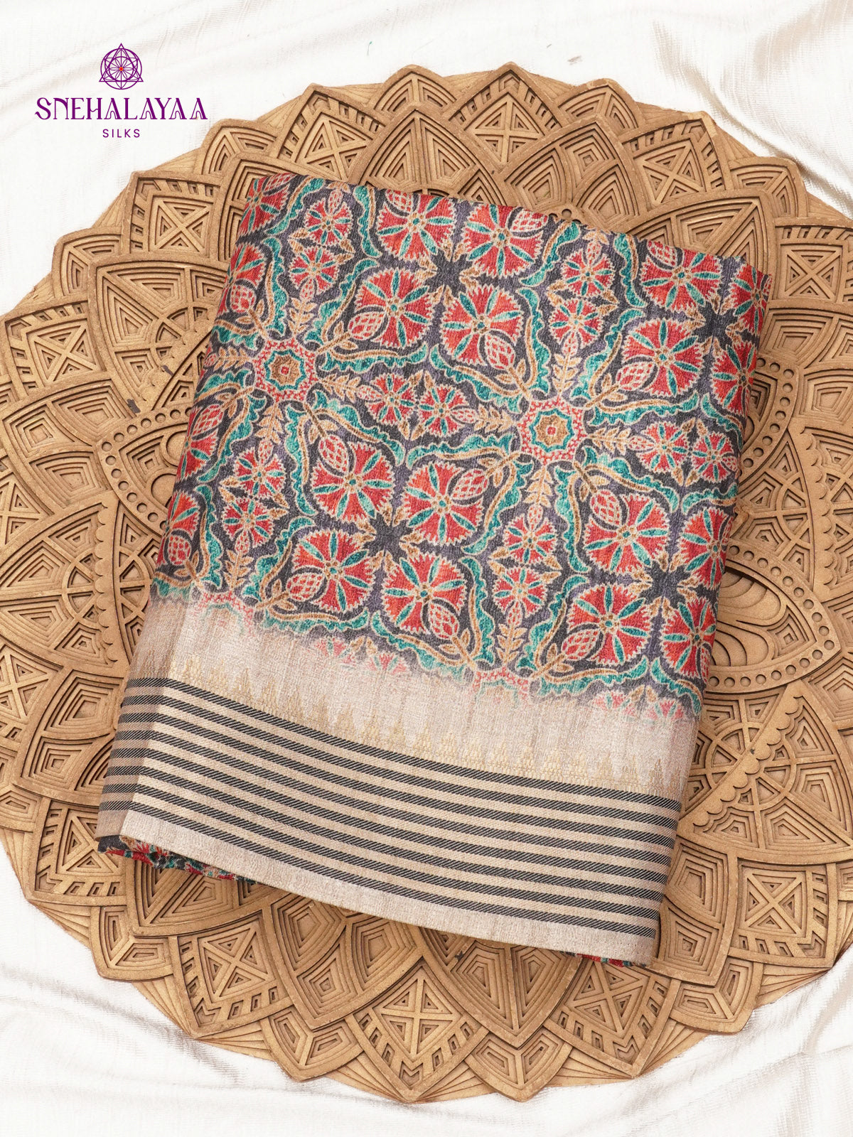 Grey Floral Printed Tussar Saree