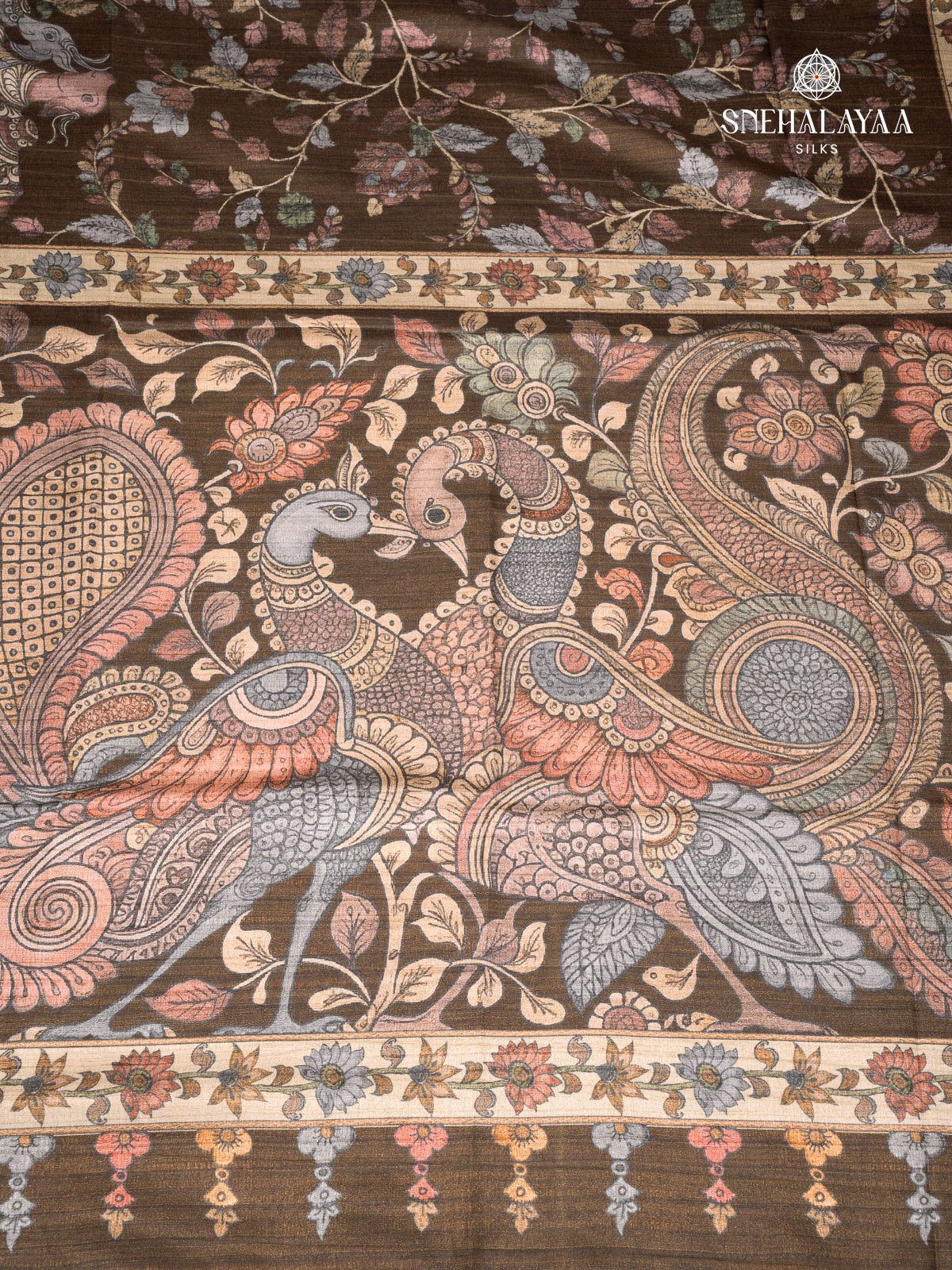 Brown Printed Tussar Saree