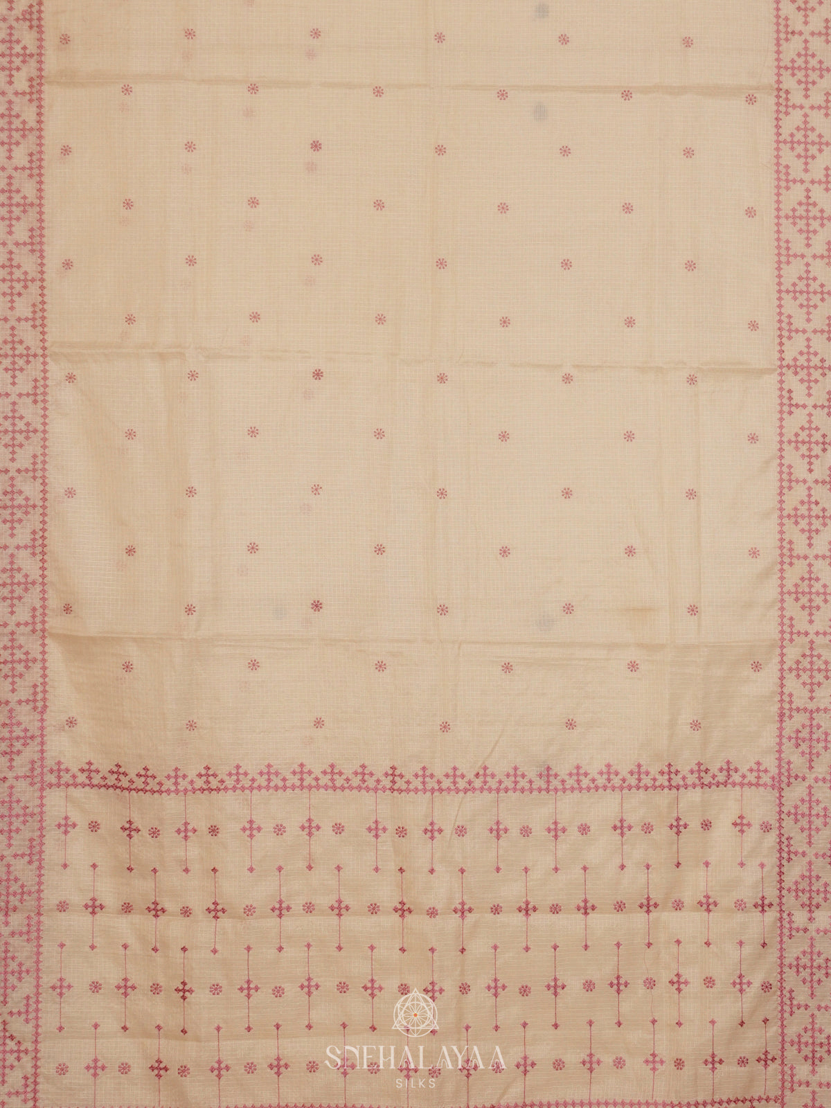 White Kota Embroidery Saree with Pink Border