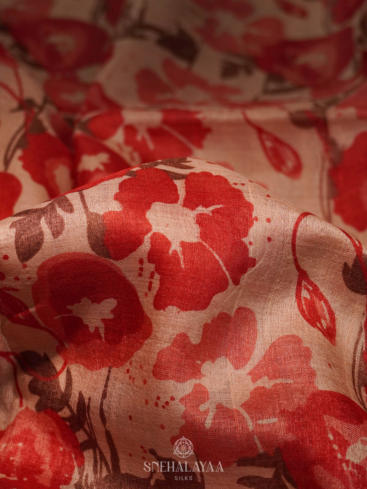 Peach Floral Printed Tussar Saree