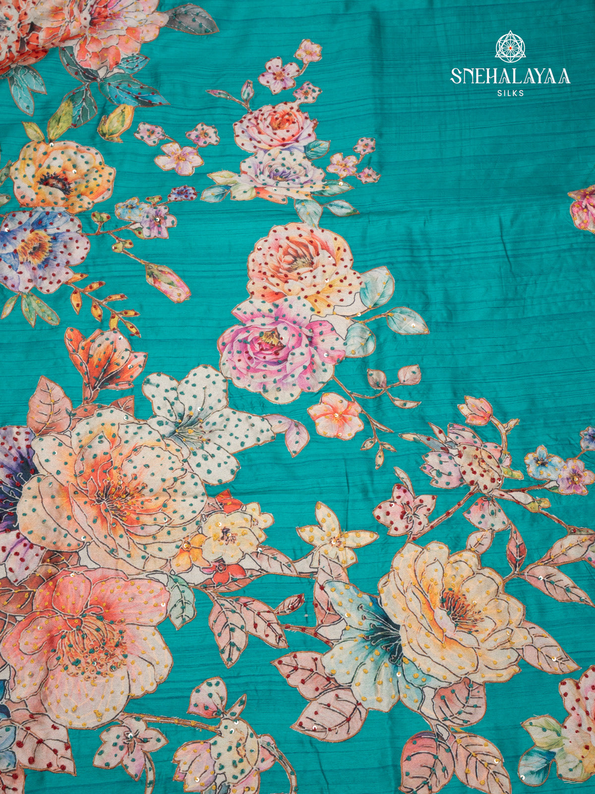 Teal Green Raw Silk Embroidery Saree