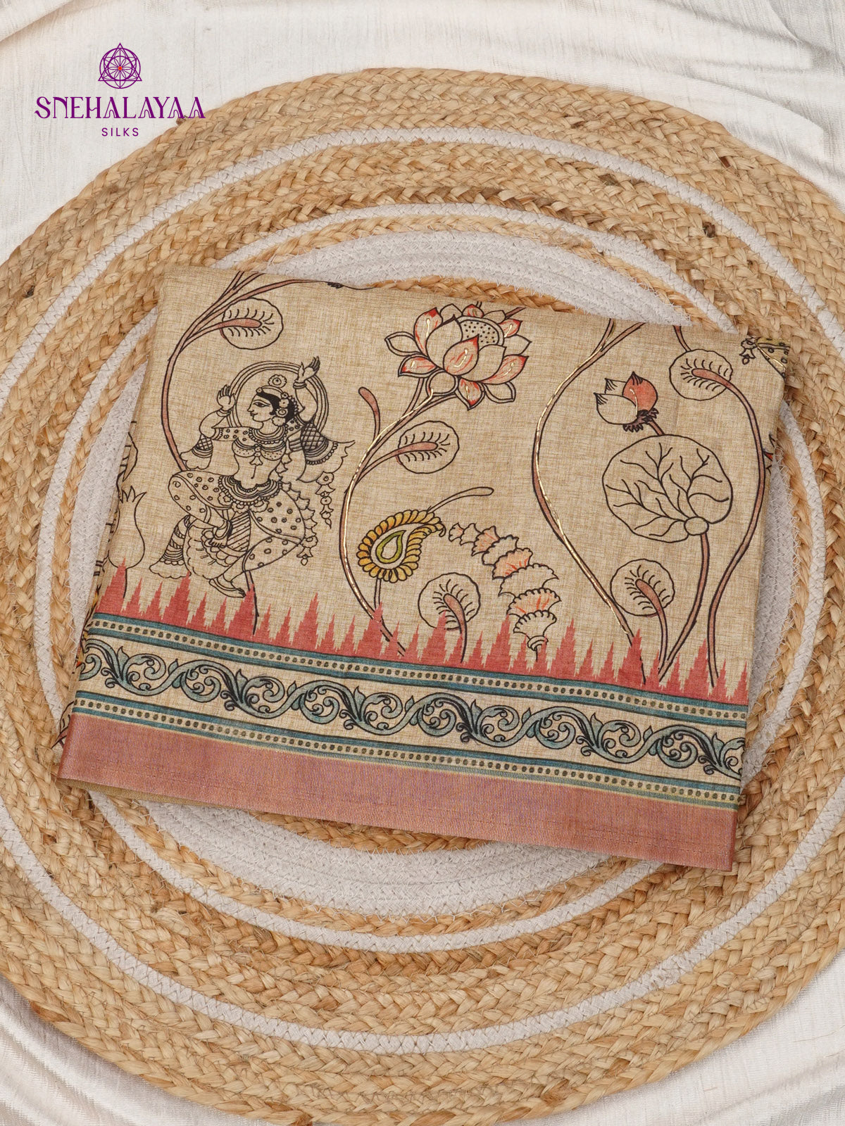 Beige With Marron Border Floral Printed Tussar Saree