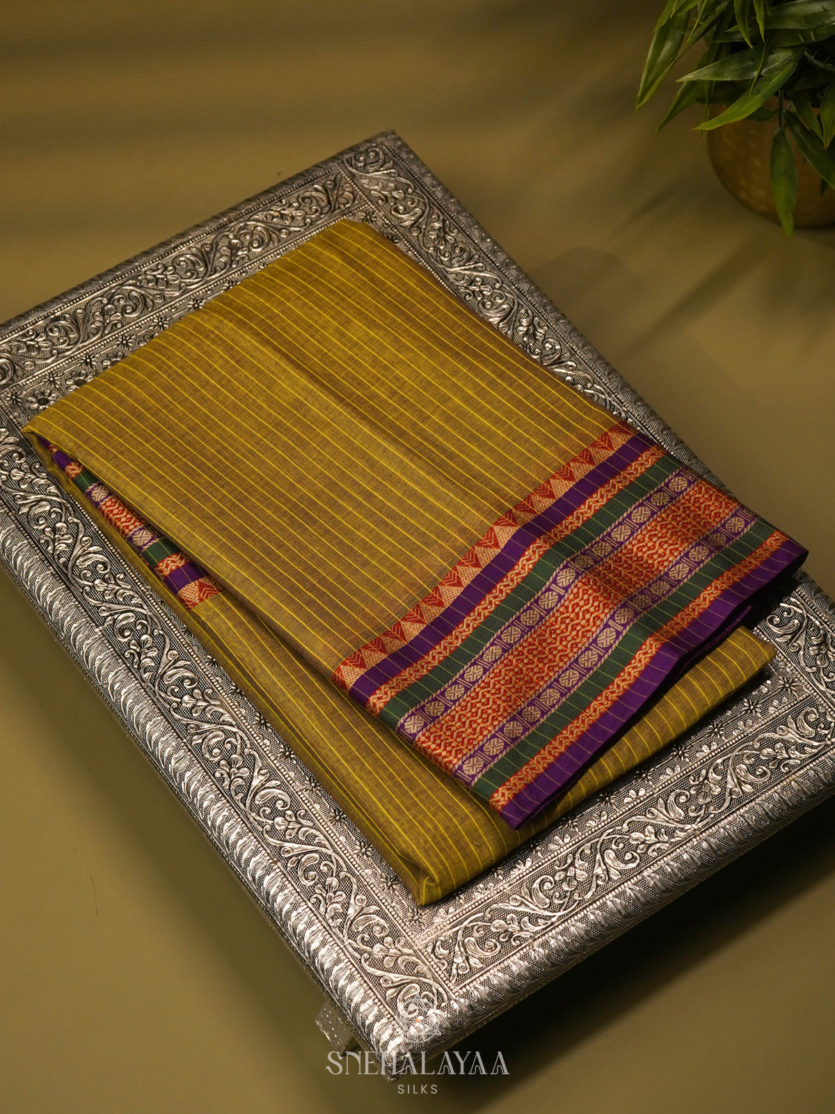 Olive Green Narayanpet Cotton Saree without Blouse