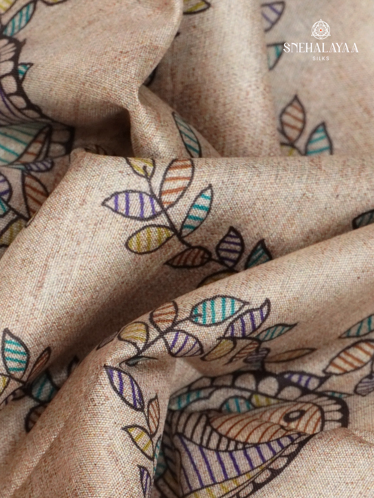 Beige With Orange Border Madhubani Saree