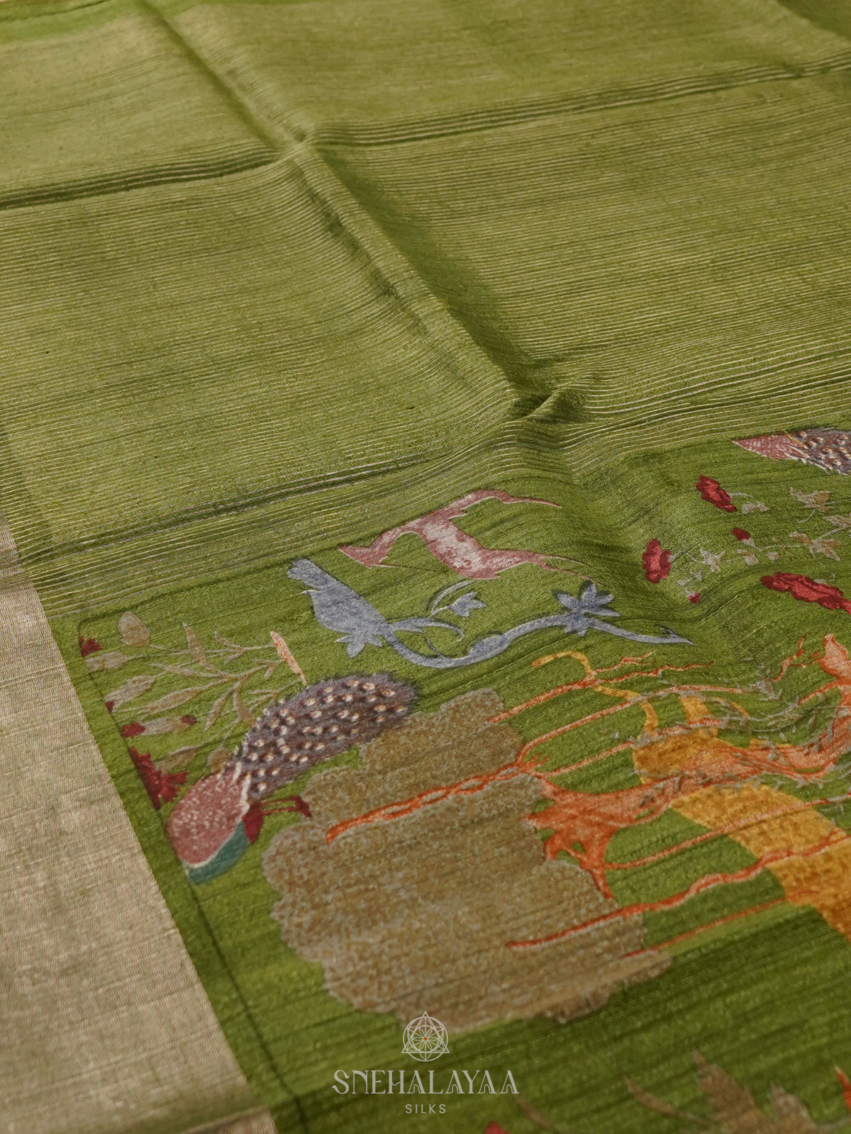 Olive Green Matka Tussar Saree