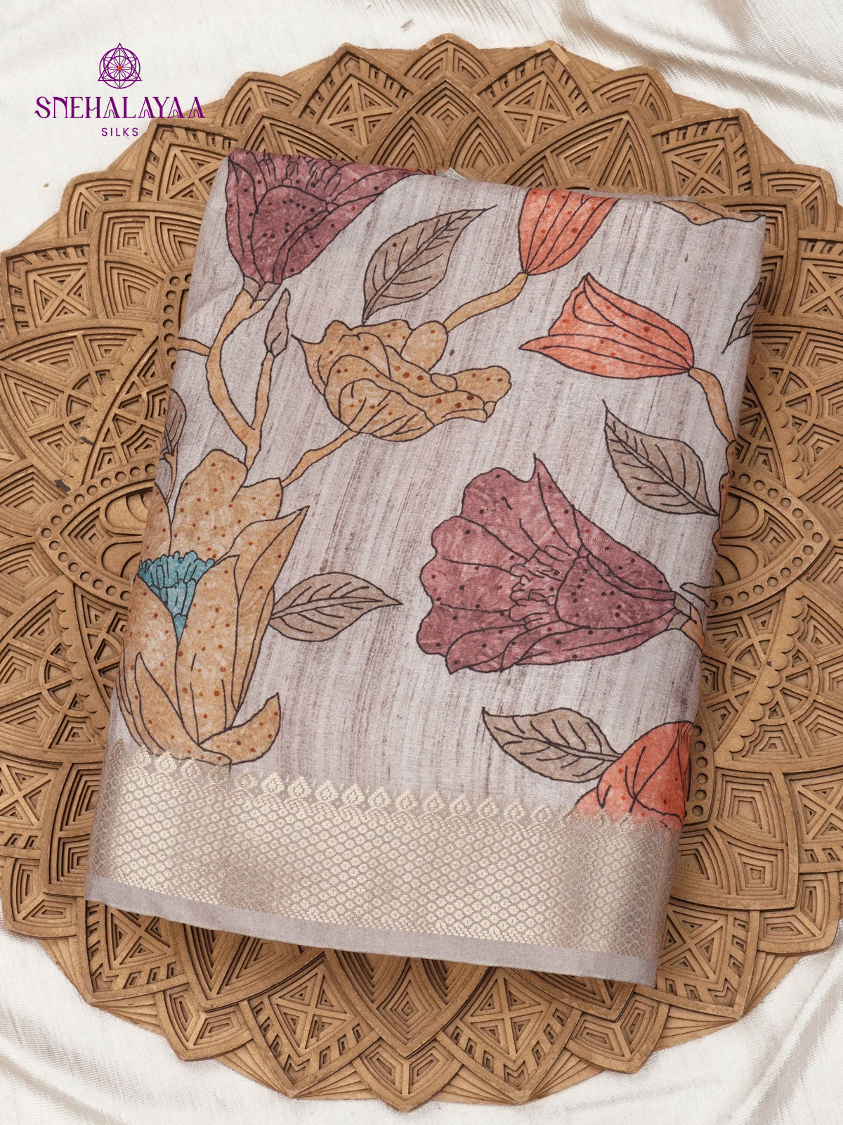 Grey Floral Printed Tussar Saree