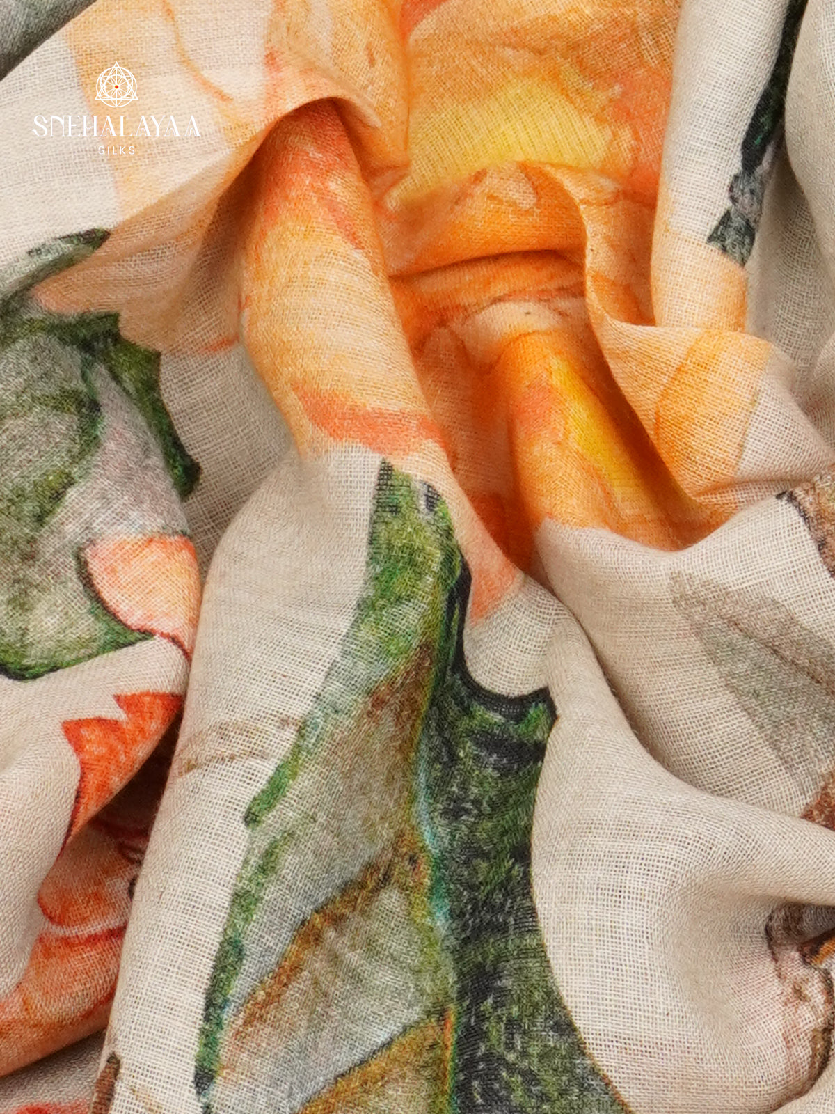 Off White Printed Linen Cotton Saree