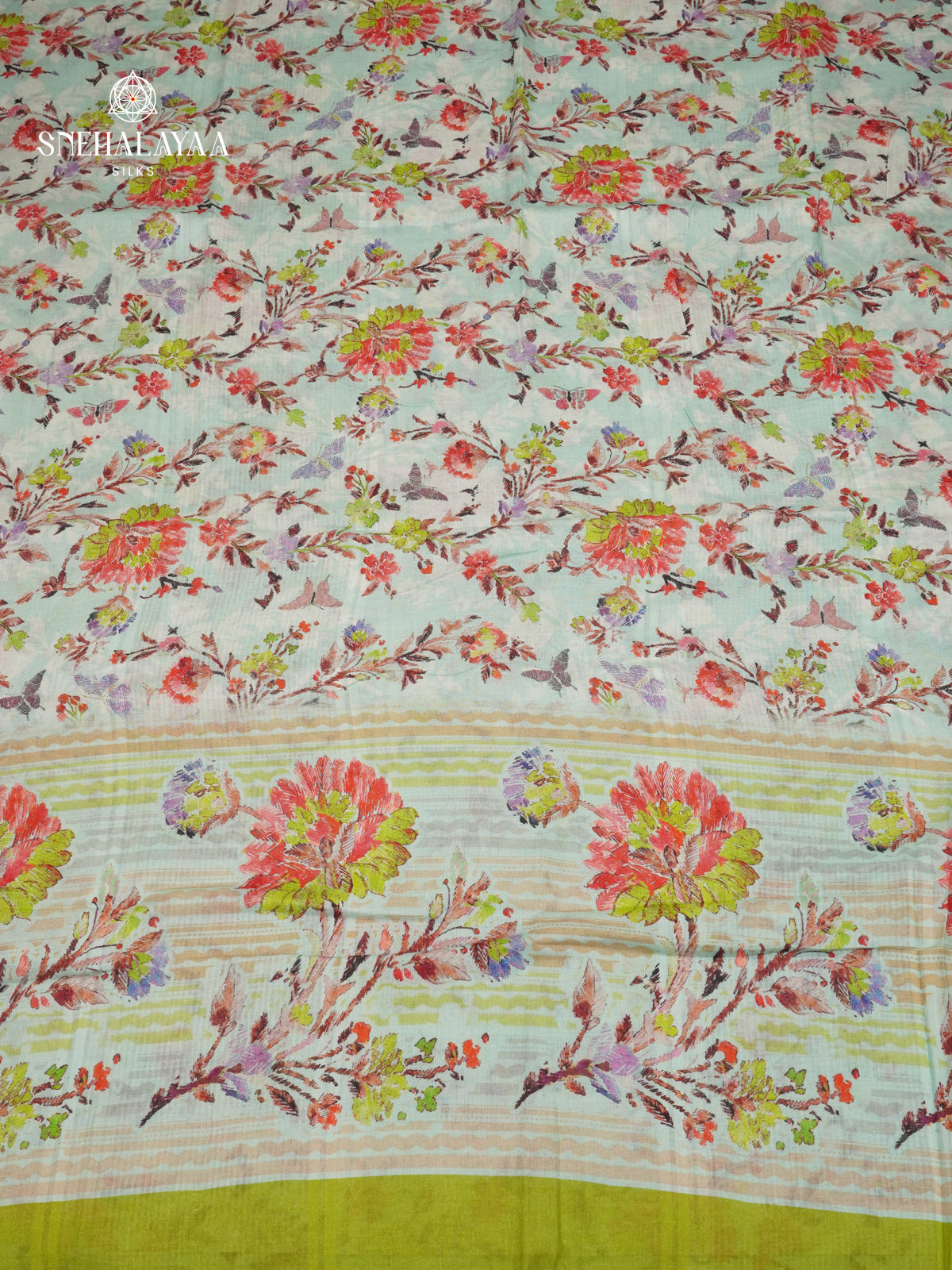 Pale Blue Printed Linen Cotton Saree