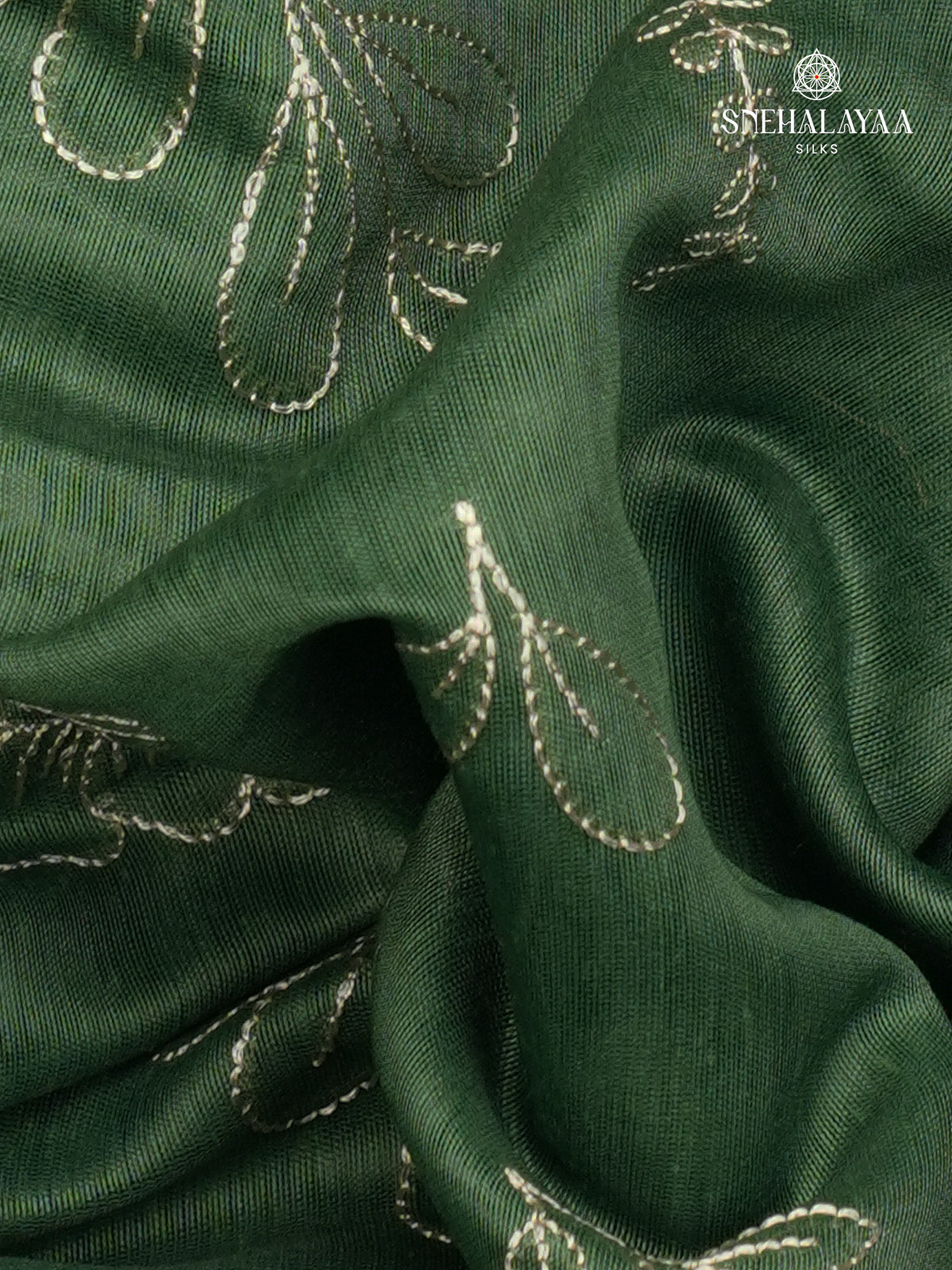 Bottle Green Linen Embroidery Saree
