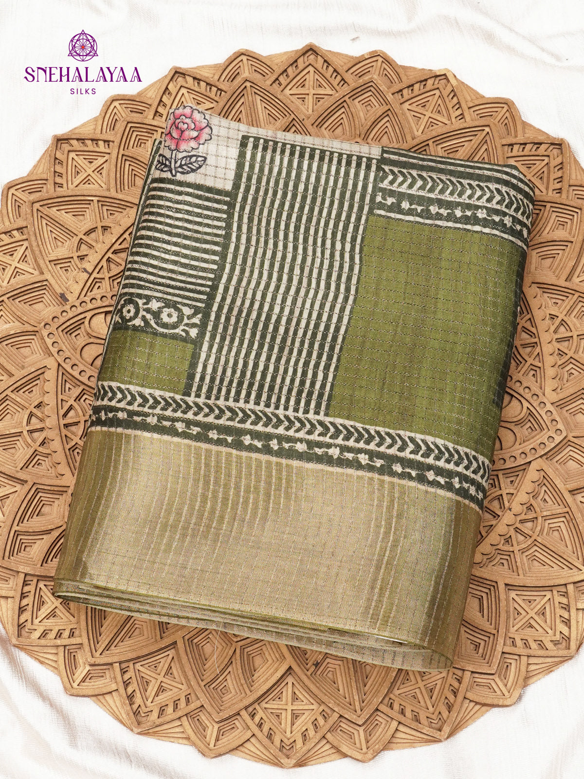 Olive Green Floral Printed Tussar Saree