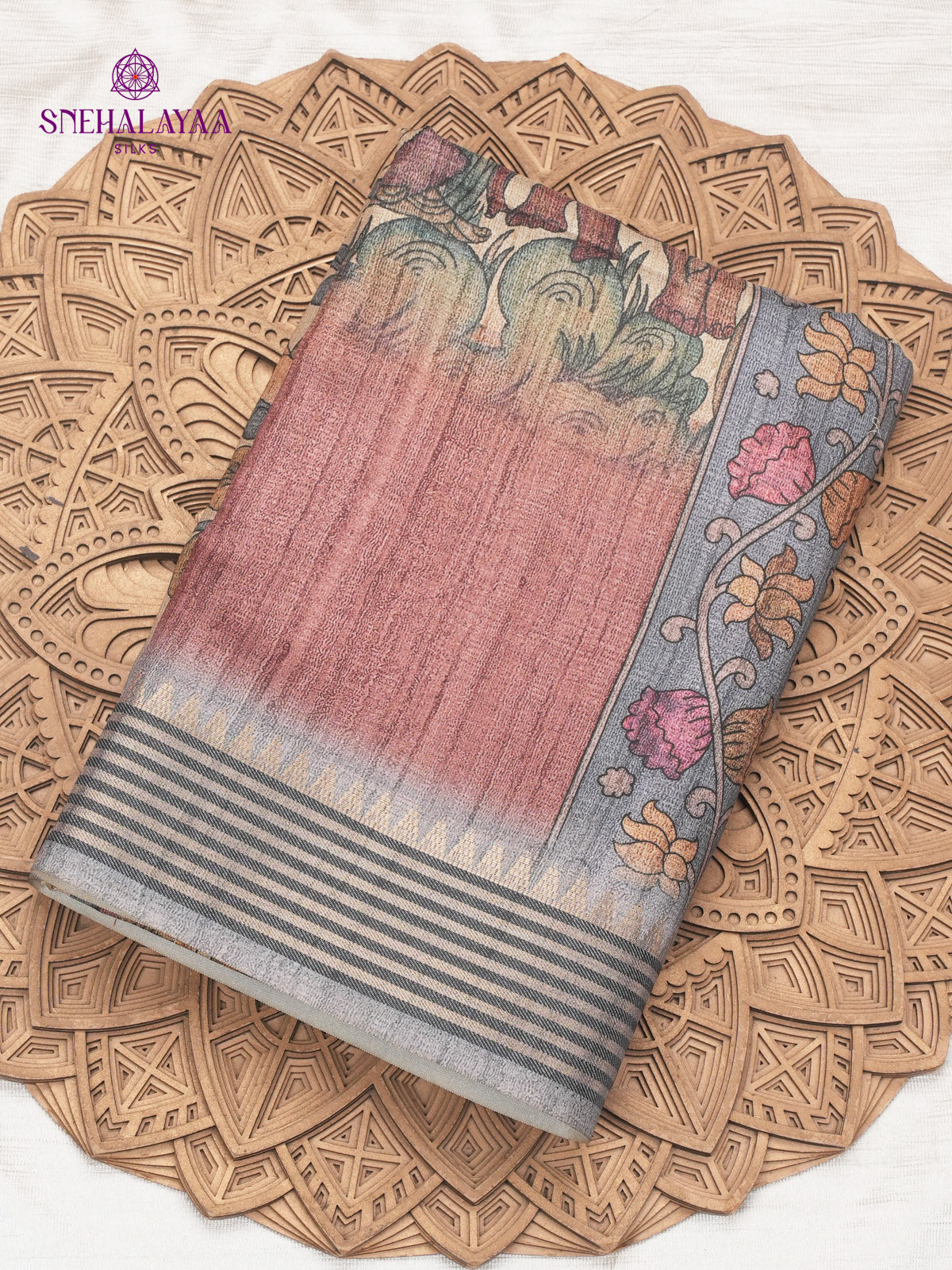 Beige With Maroon Border Kalamkari Tussar Saree