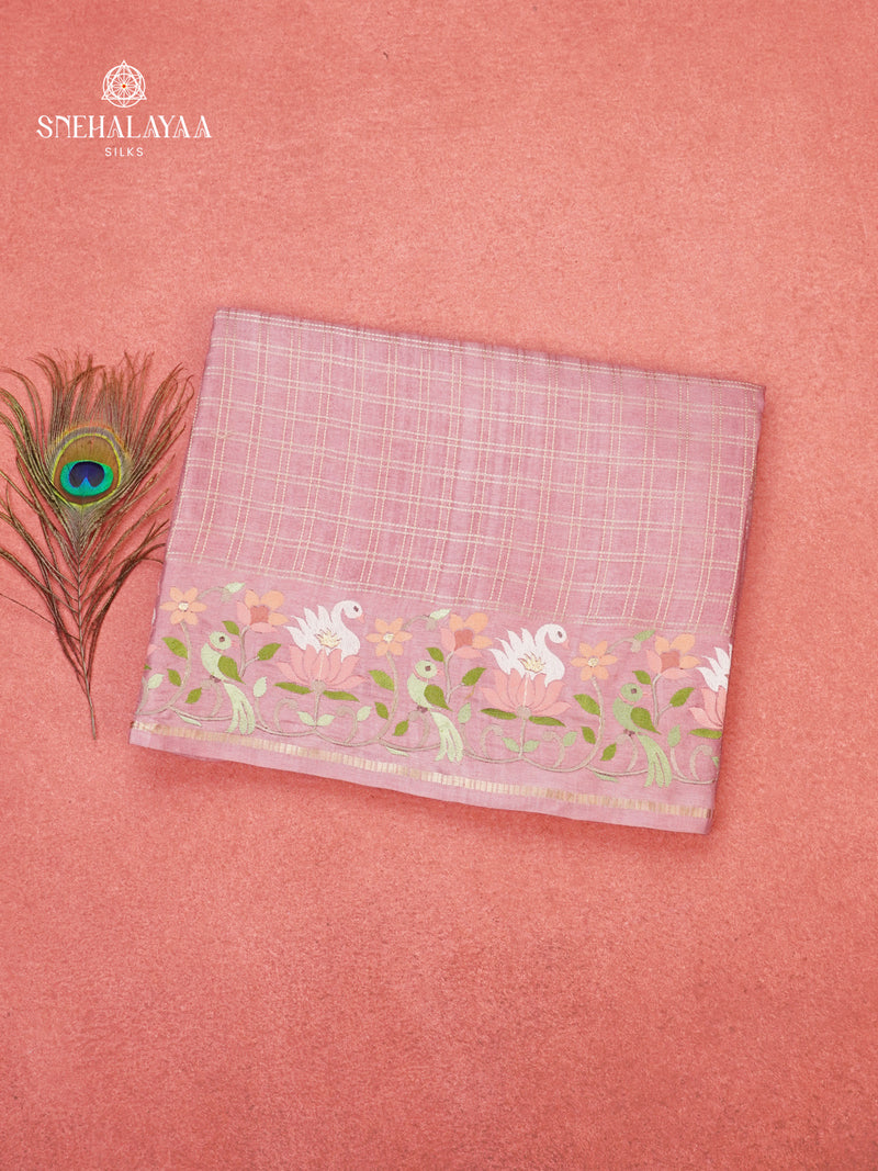 Pastel Pink Munga Tussar Embroidery Saree