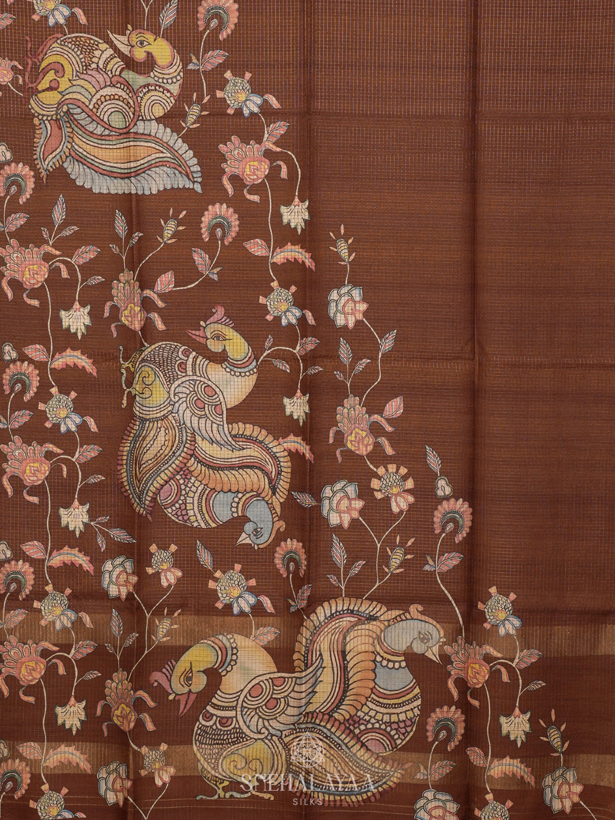 Brown Tussar Saree with Floral Prints