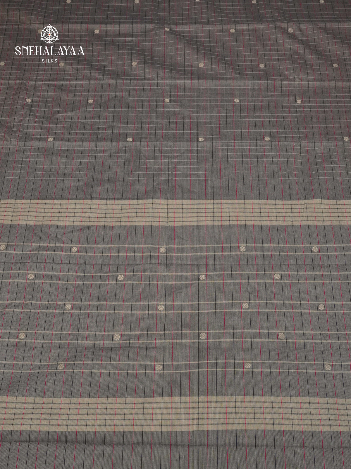 Checked Slate Grey Kanchi Cotton Saree with Irandu Karai Zari Borders
