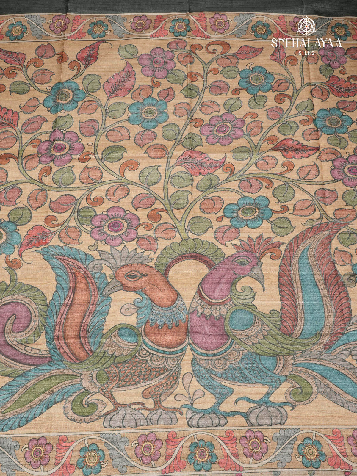 B;ack Floral Printed Tussar Saree