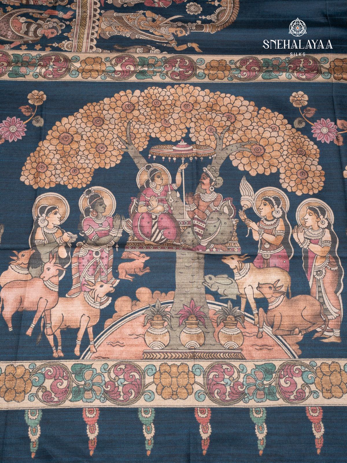 Navy Blue Printed Tussar Saree