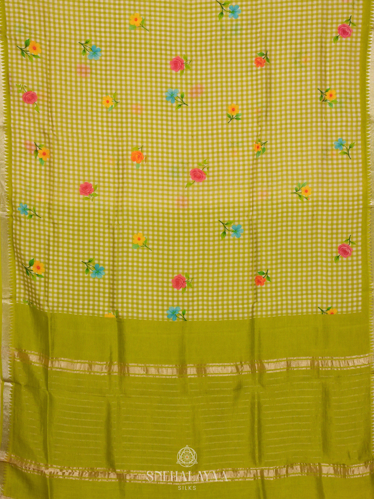 Green Checks Printed Mangalagiri Silk Saree