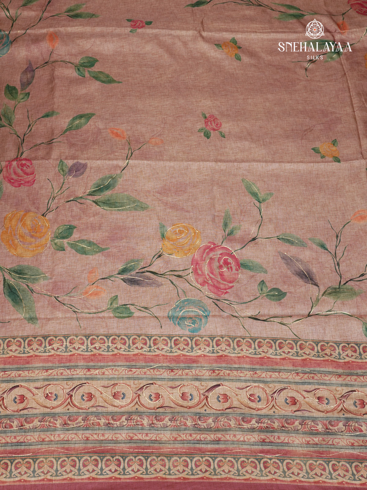 Dusty Rose Floral Printed Tussar Saree