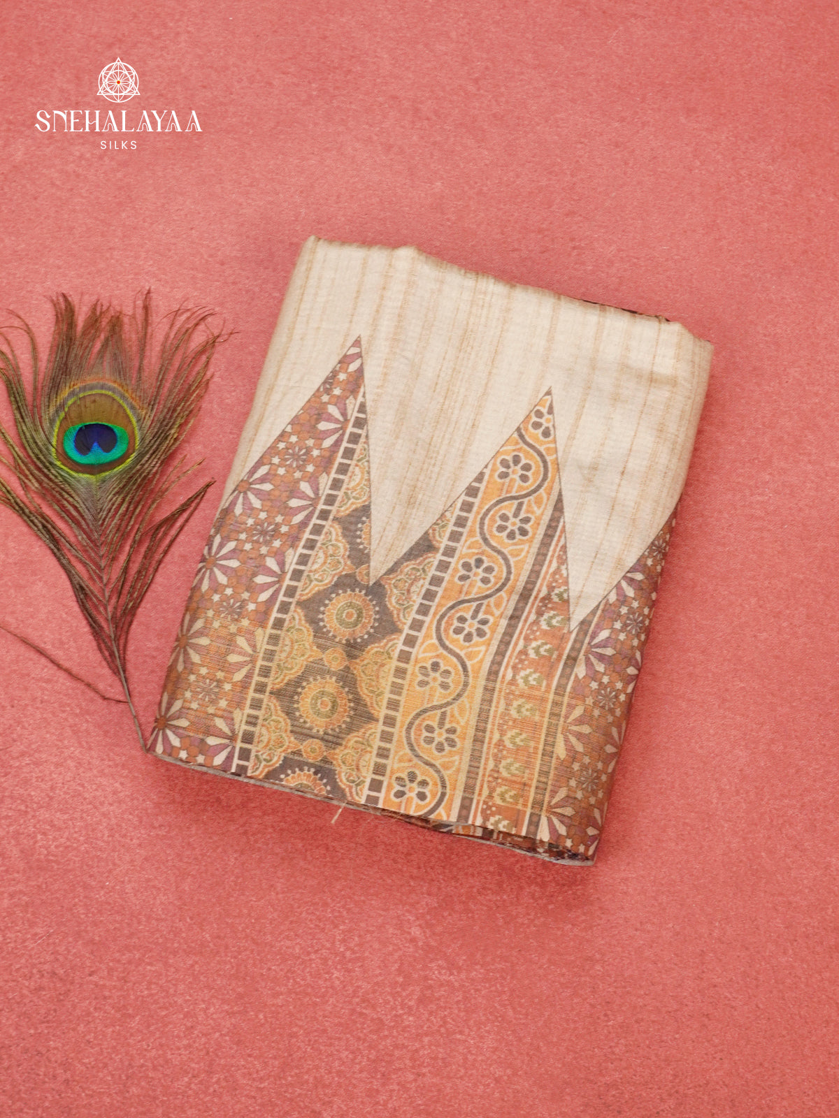 Beige With Brown Border Tussar Saree